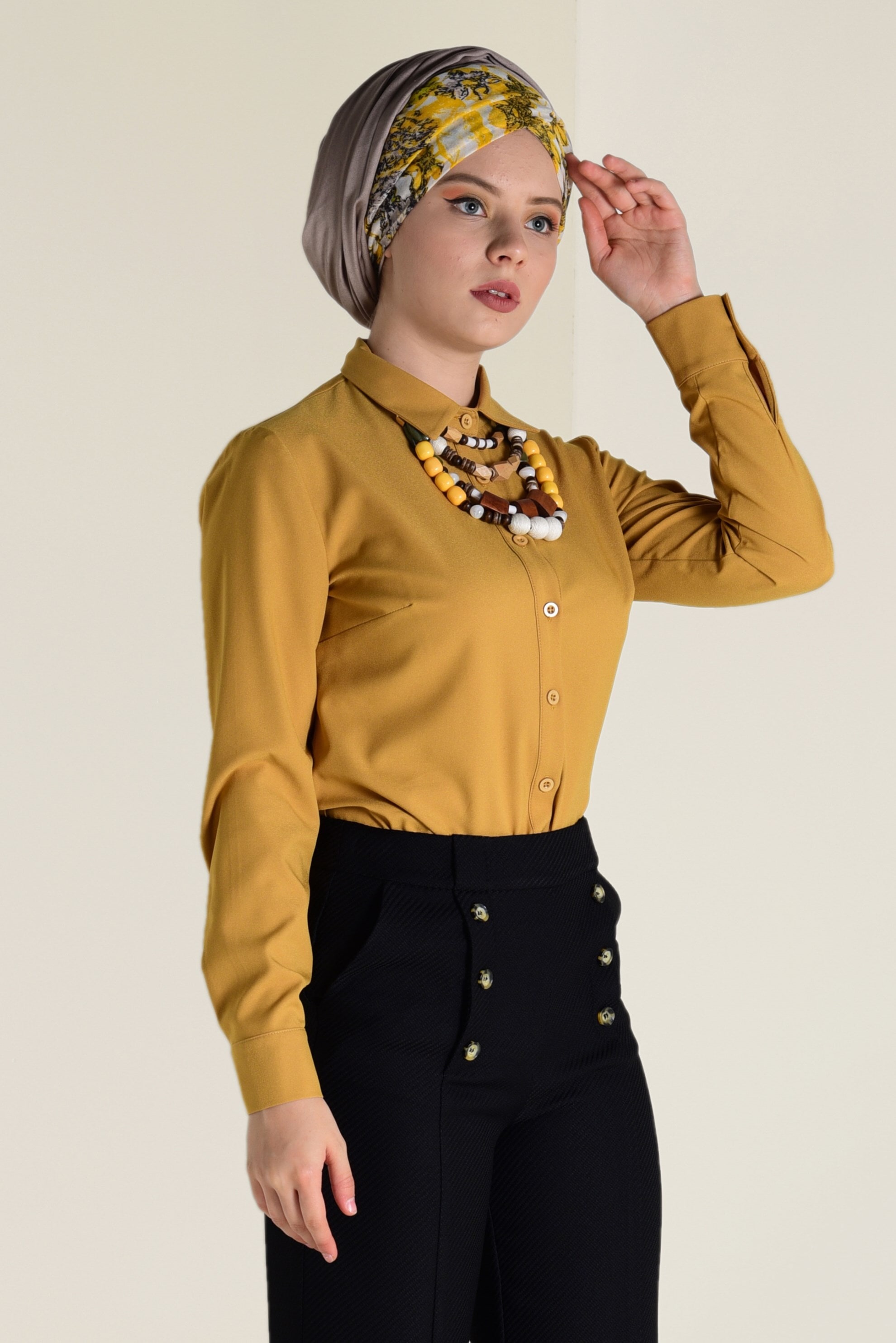 Tesettür giyim SİYAH YÜKSEL BEL DÜĞME DETAYLI PANTOLON 7410