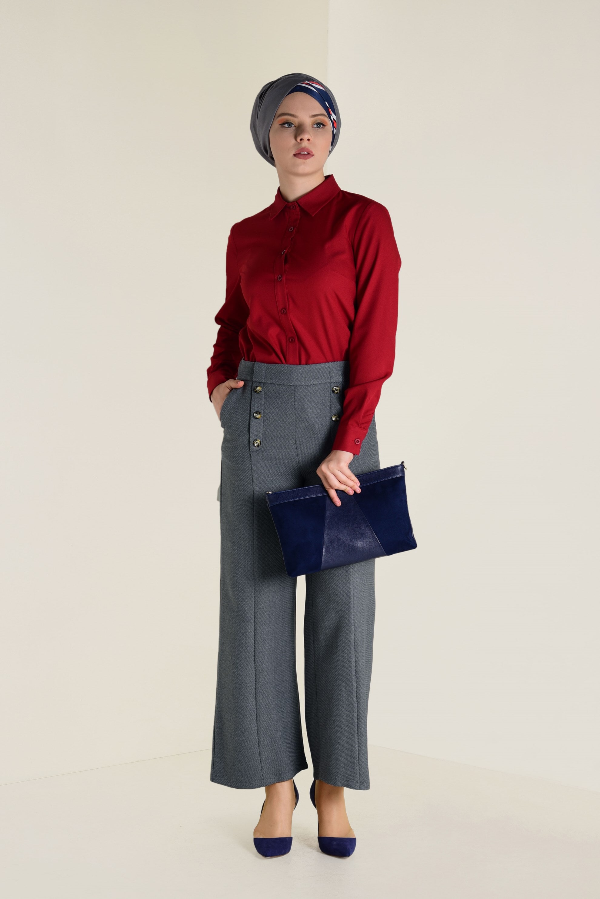 Tesettür giyim GRİ YÜKSEL BEL DÜĞME DETAYLI PANTOLON 7410