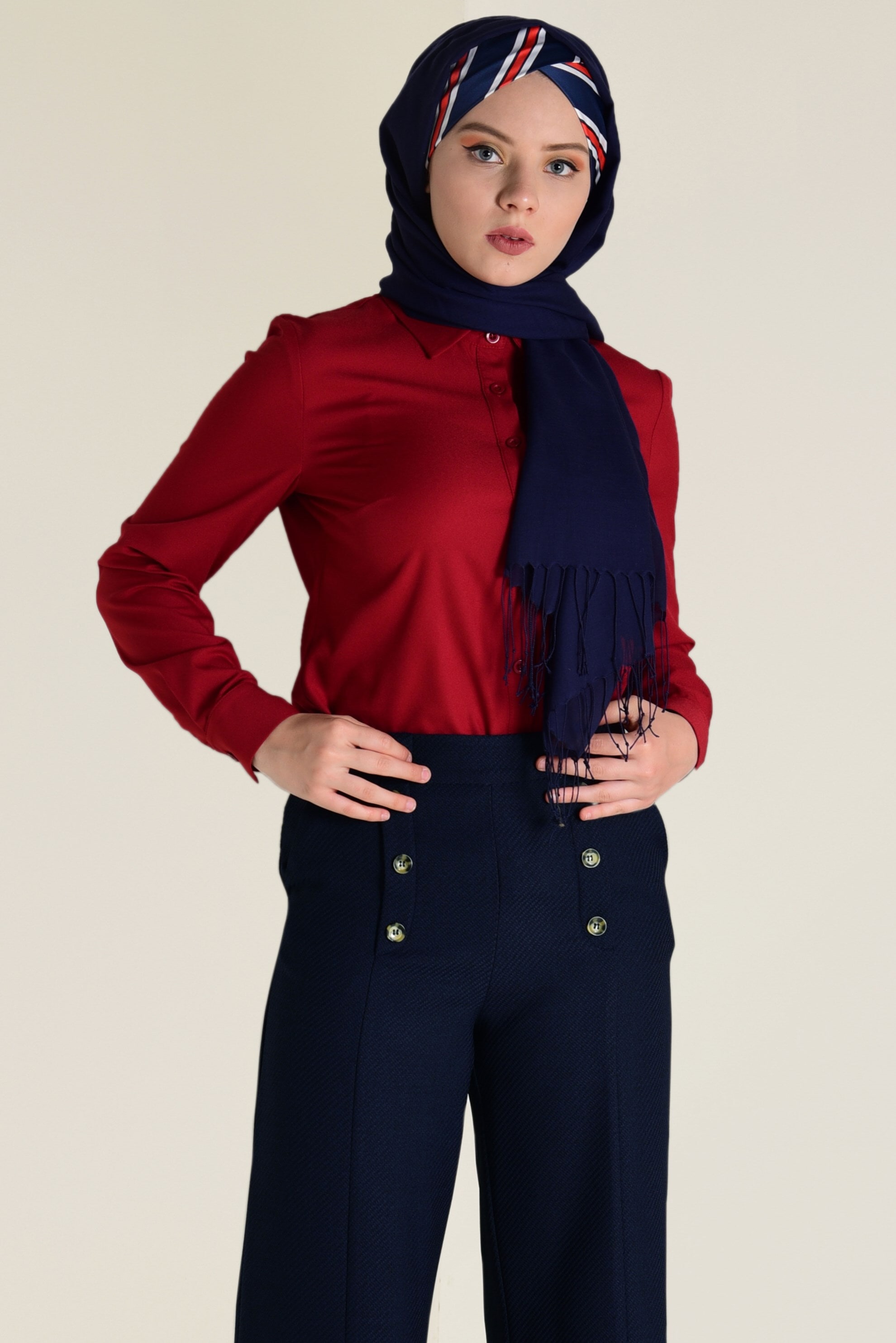 Tesettür giyim LACİVERT YÜKSEL BEL DÜĞME DETAYLI PANTOLON 7410