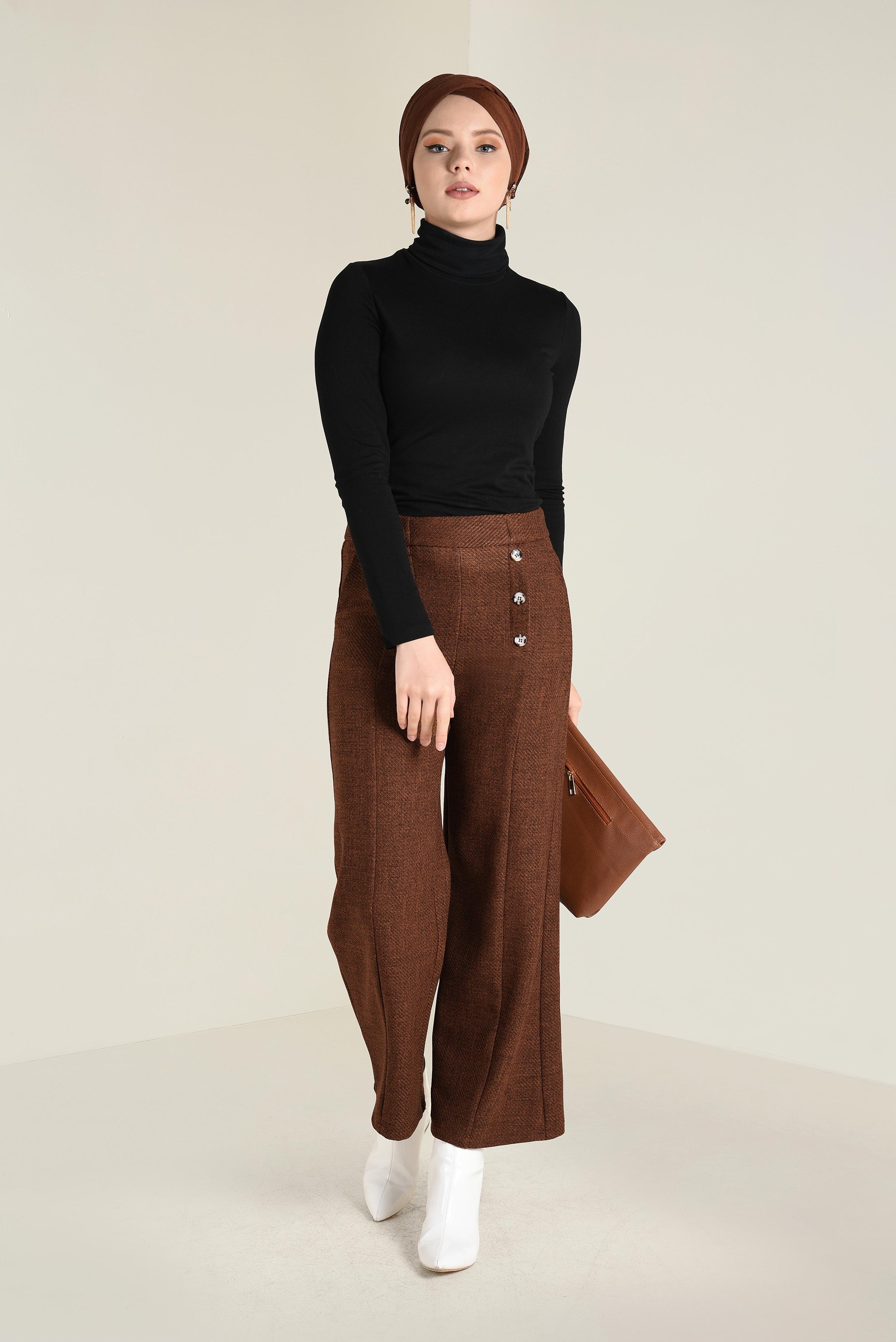 Tesettür giyim TABA YÜKSEL BEL DÜĞME DETAYLI PANTOLON 7410