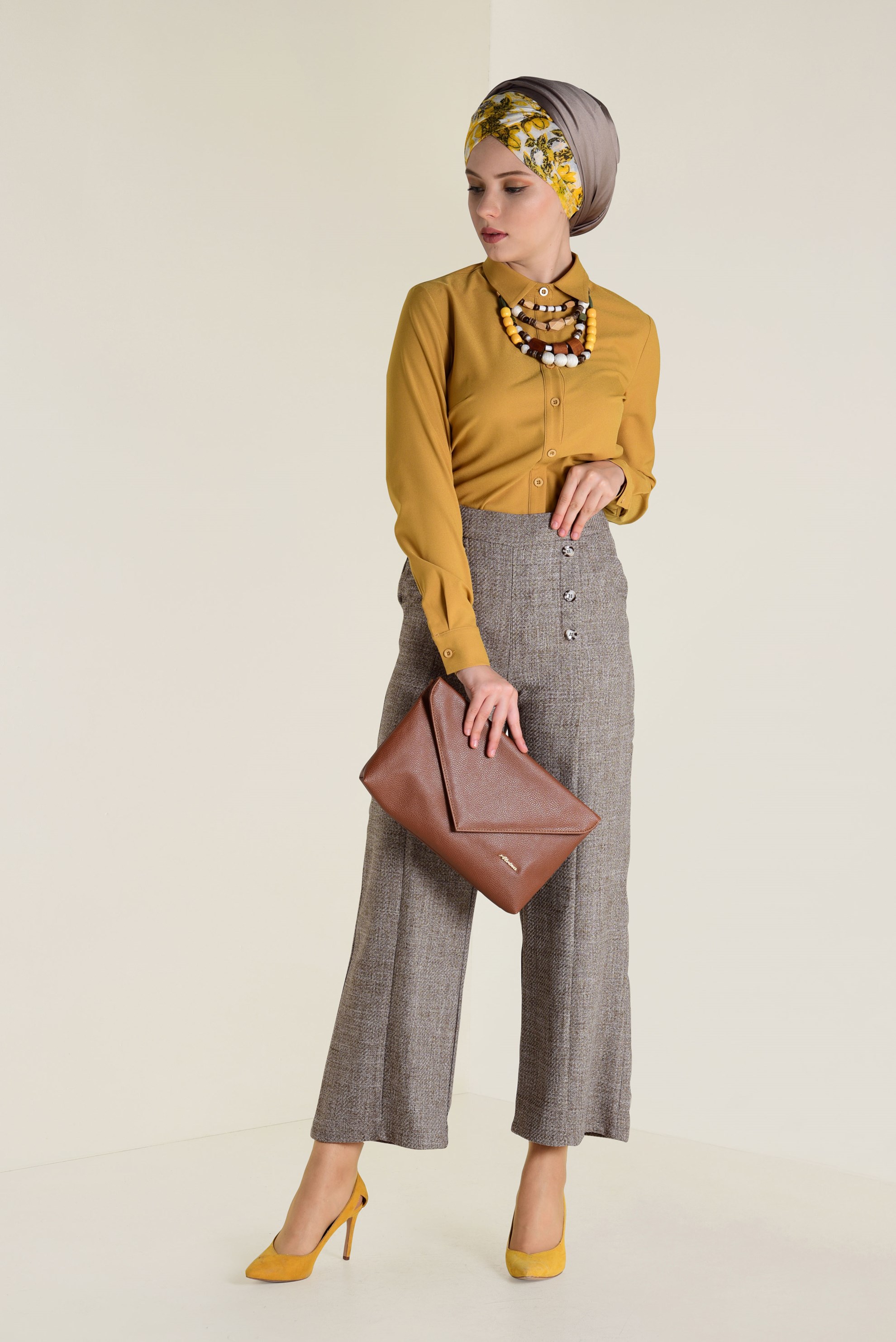 Tesettür giyim VİZON YÜKSEL BEL DÜĞME DETAYLI PANTOLON 7410