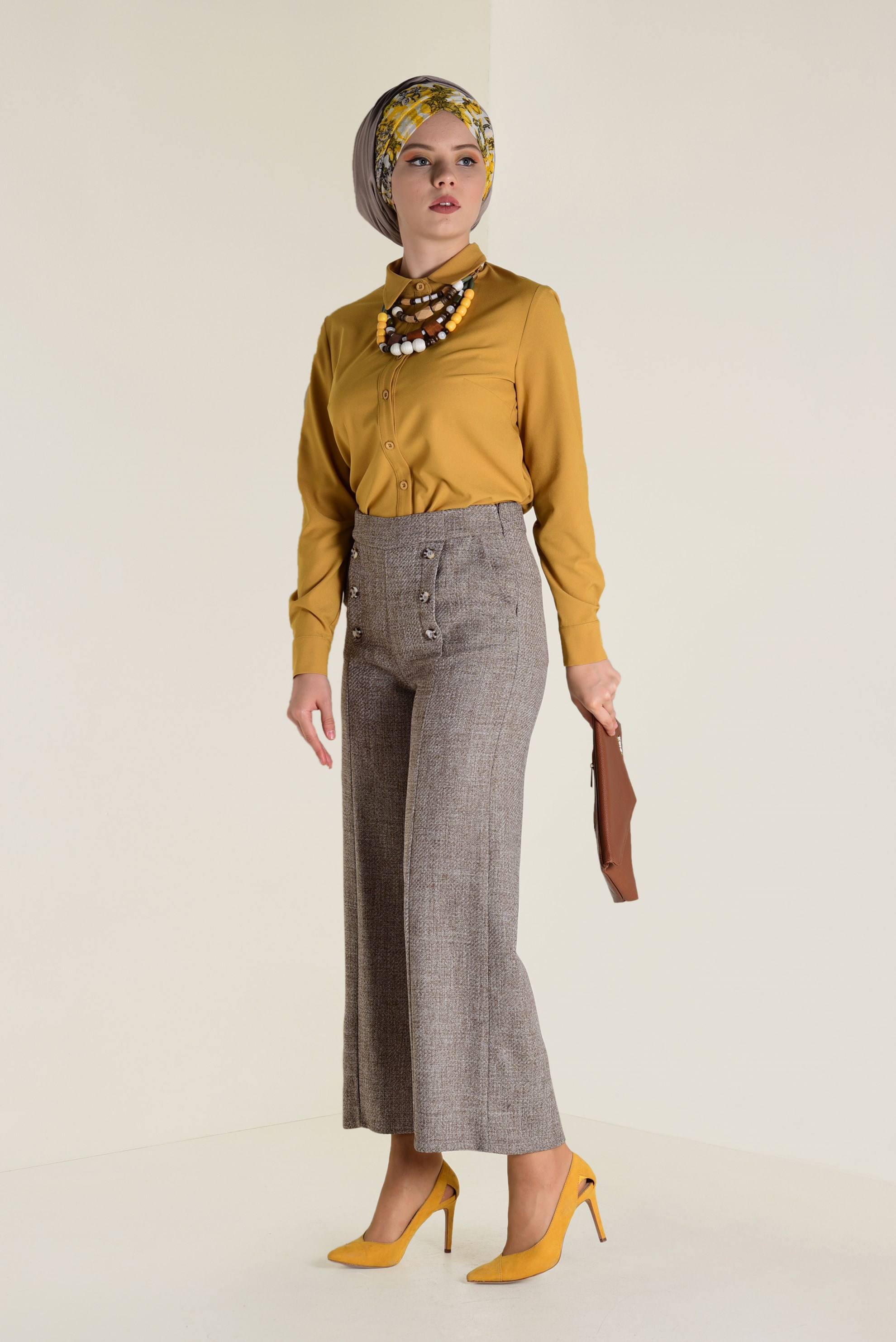 Tesettür giyim VİZON YÜKSEL BEL DÜĞME DETAYLI PANTOLON 7410