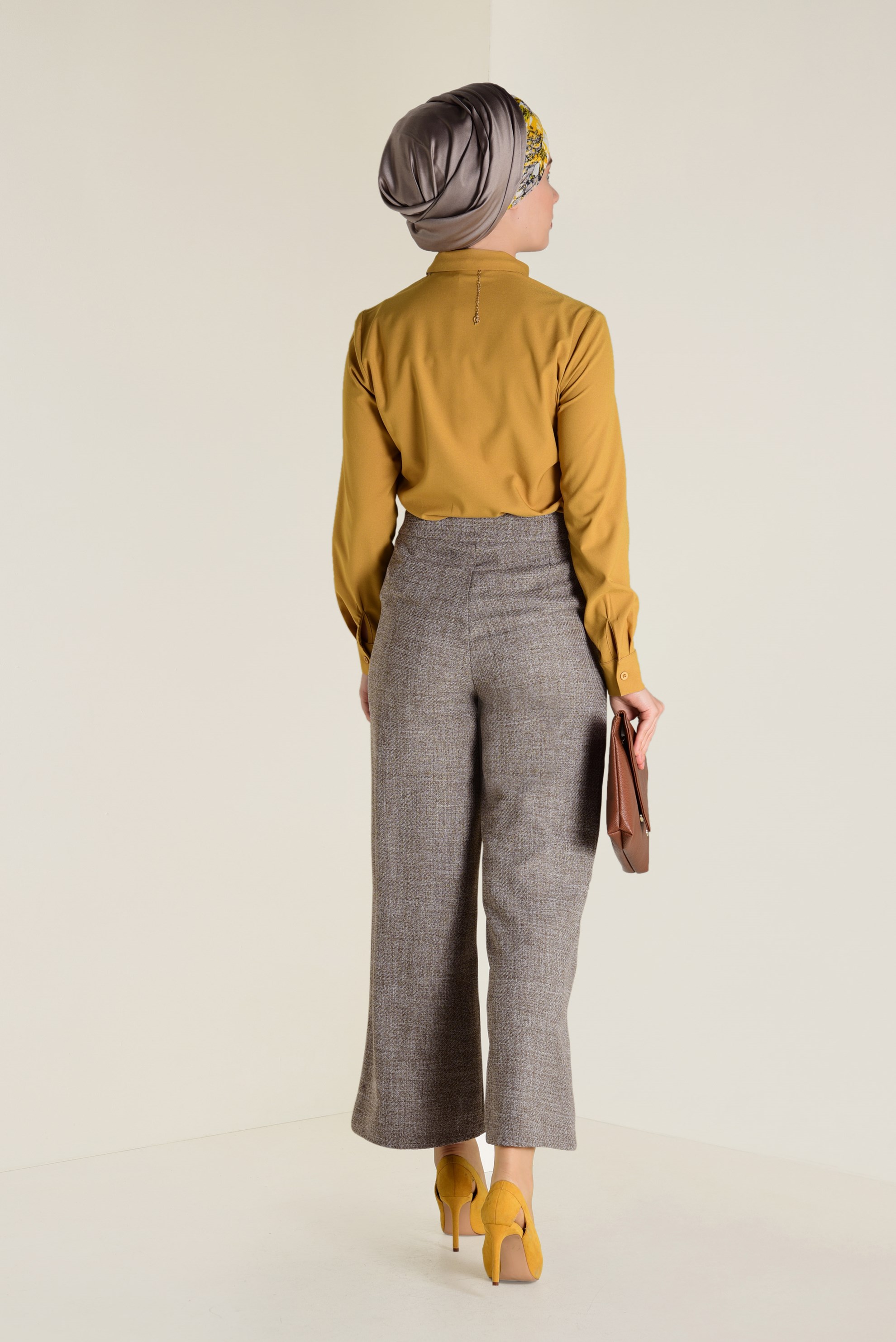 Tesettür giyim VİZON YÜKSEL BEL DÜĞME DETAYLI PANTOLON 7410