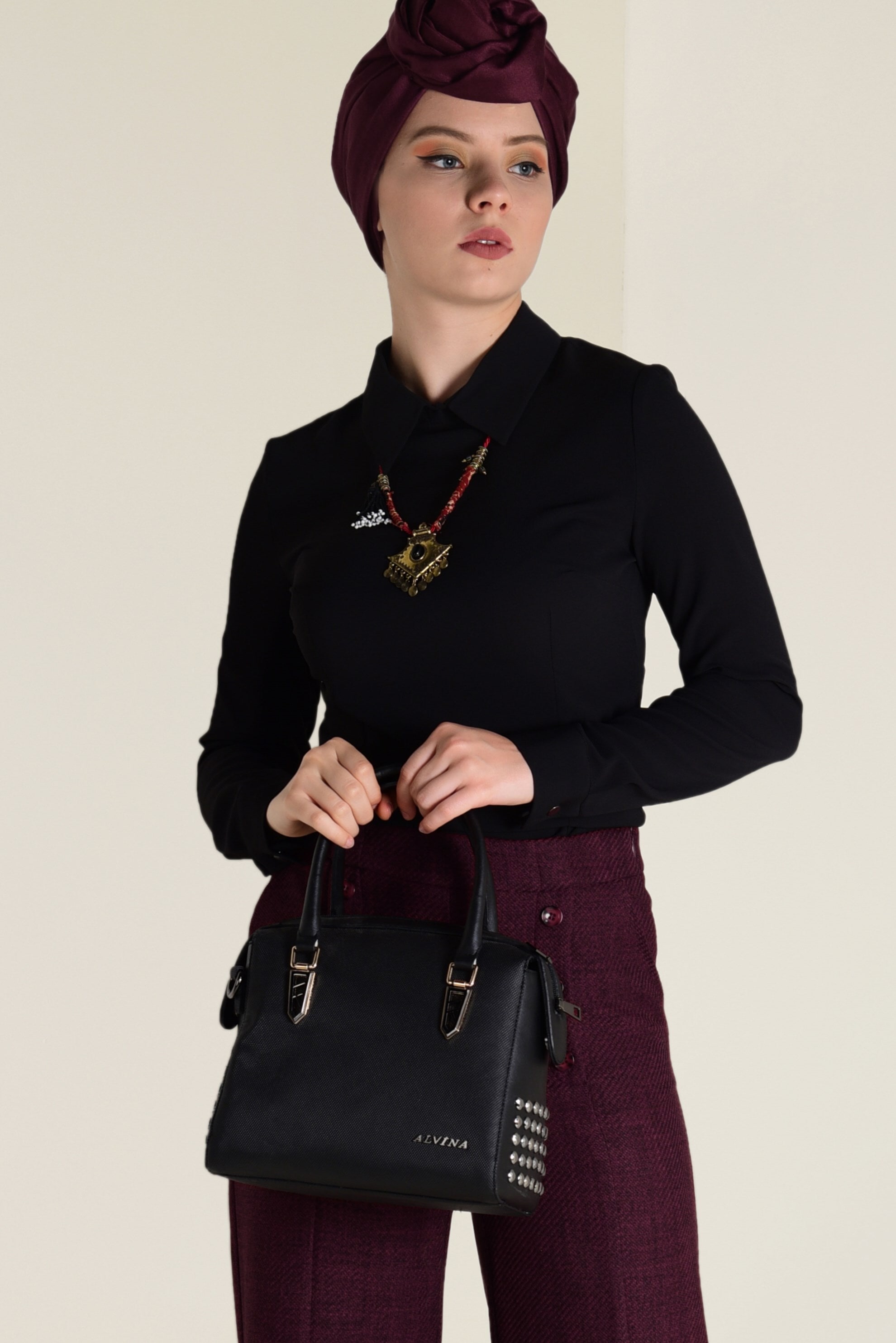 Tesettür giyim BORDO YÜKSEL BEL DÜĞME DETAYLI PANTOLON 7410