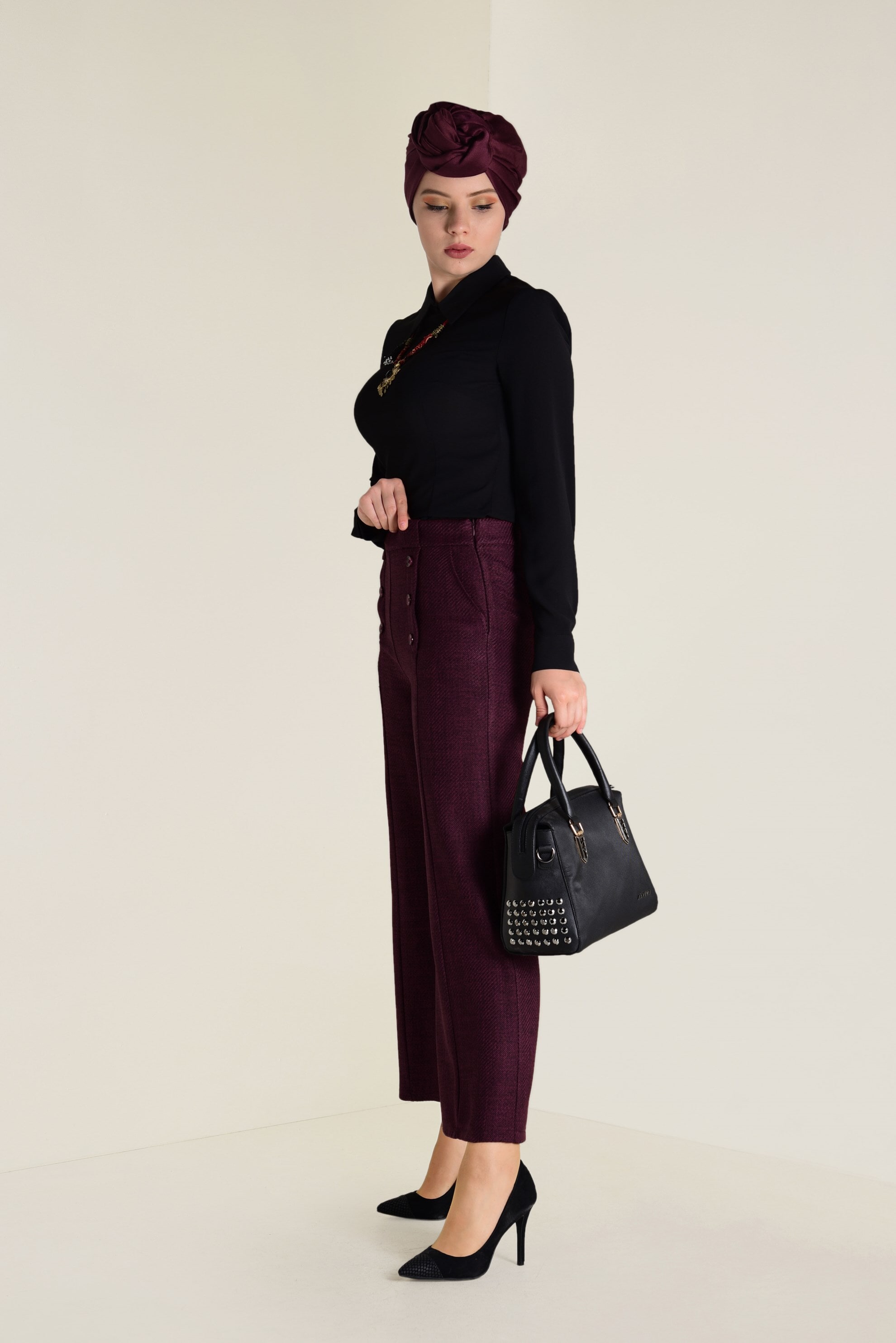 Tesettür giyim BORDO YÜKSEL BEL DÜĞME DETAYLI PANTOLON 7410