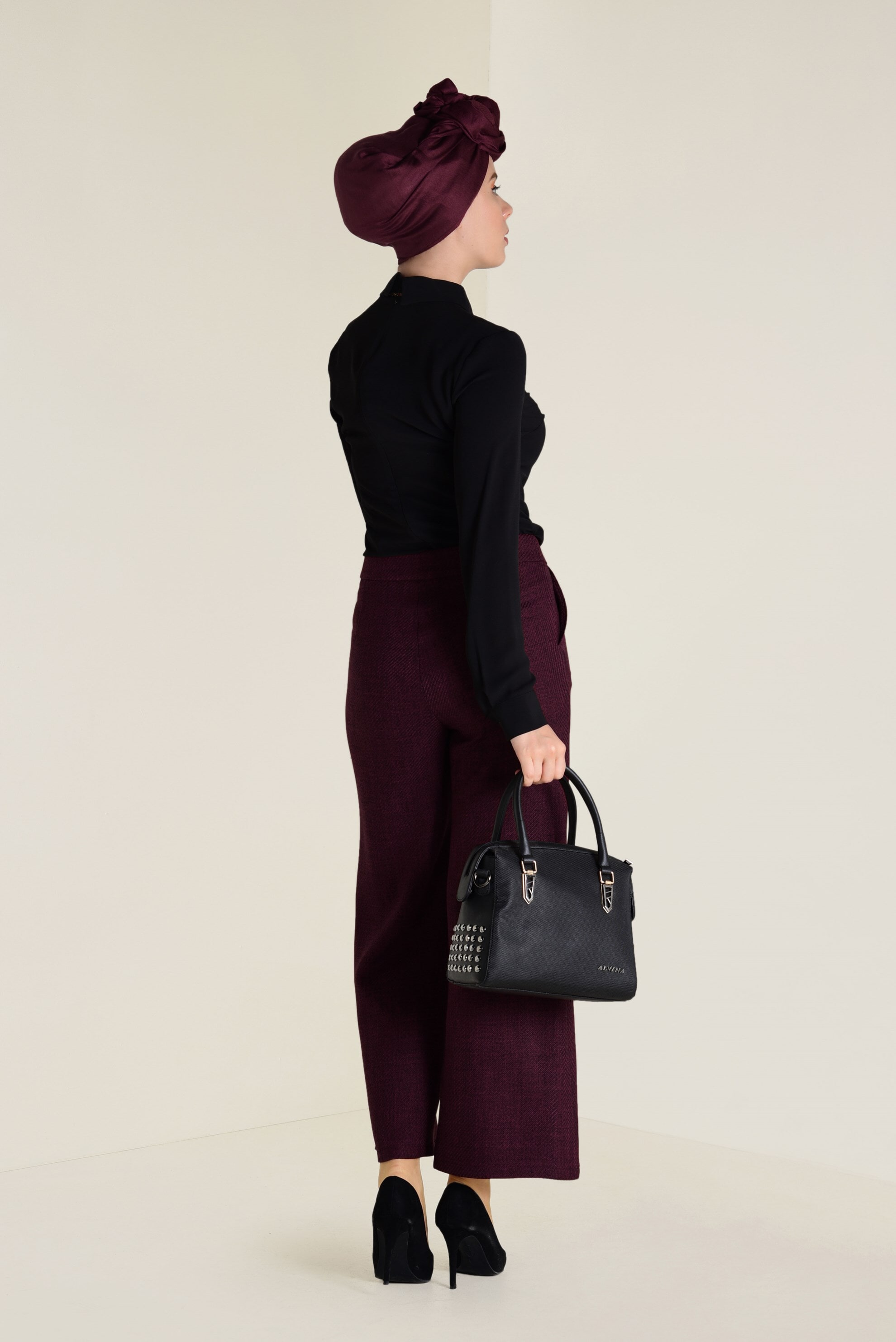 Tesettür giyim BORDO YÜKSEL BEL DÜĞME DETAYLI PANTOLON 7410