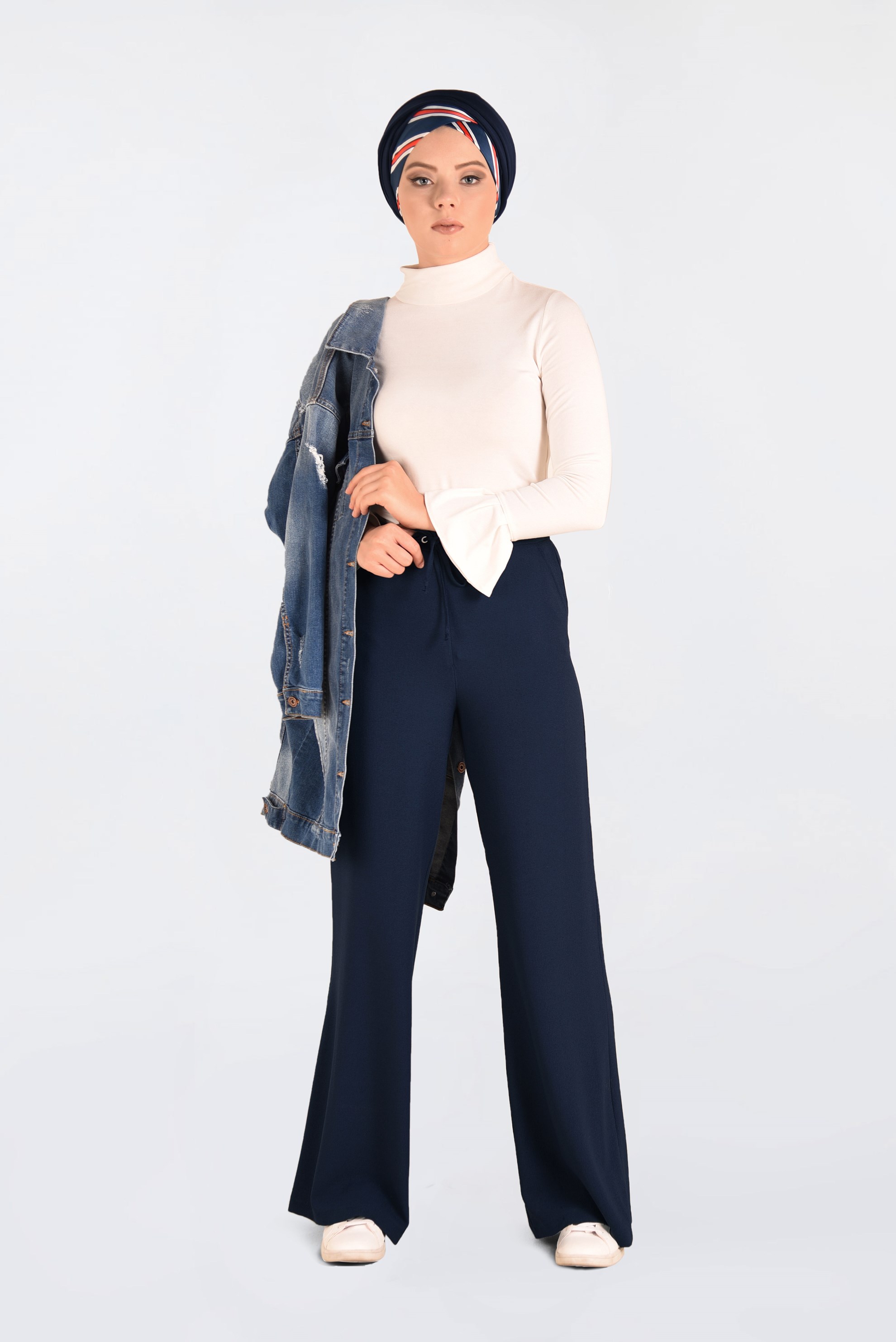 Tesettür giyim LACİVERT BELİ BAĞCIKLI BOL PAÇA PANTOLON  7413 