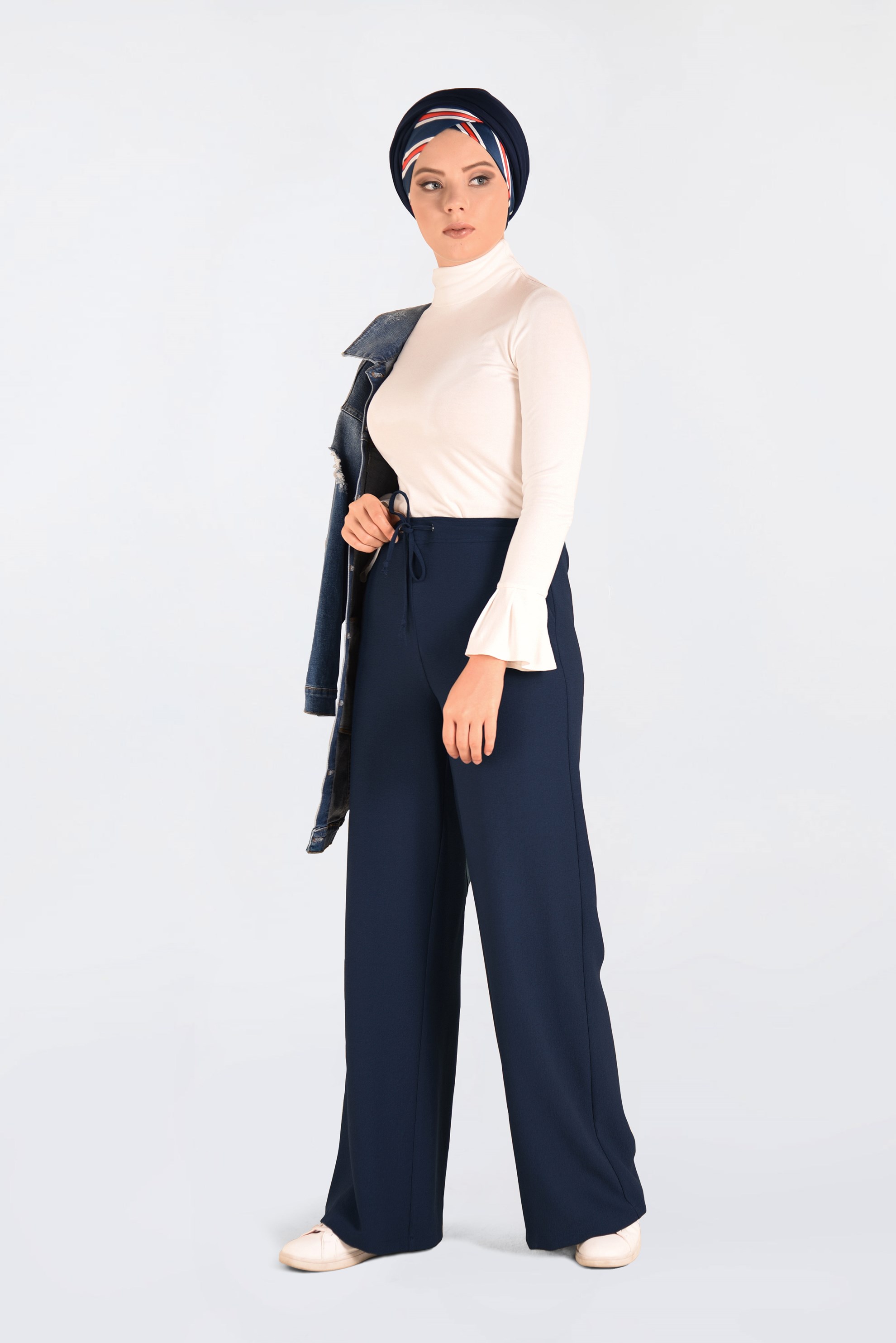 Tesettür giyim LACİVERT BELİ BAĞCIKLI BOL PAÇA PANTOLON  7413 