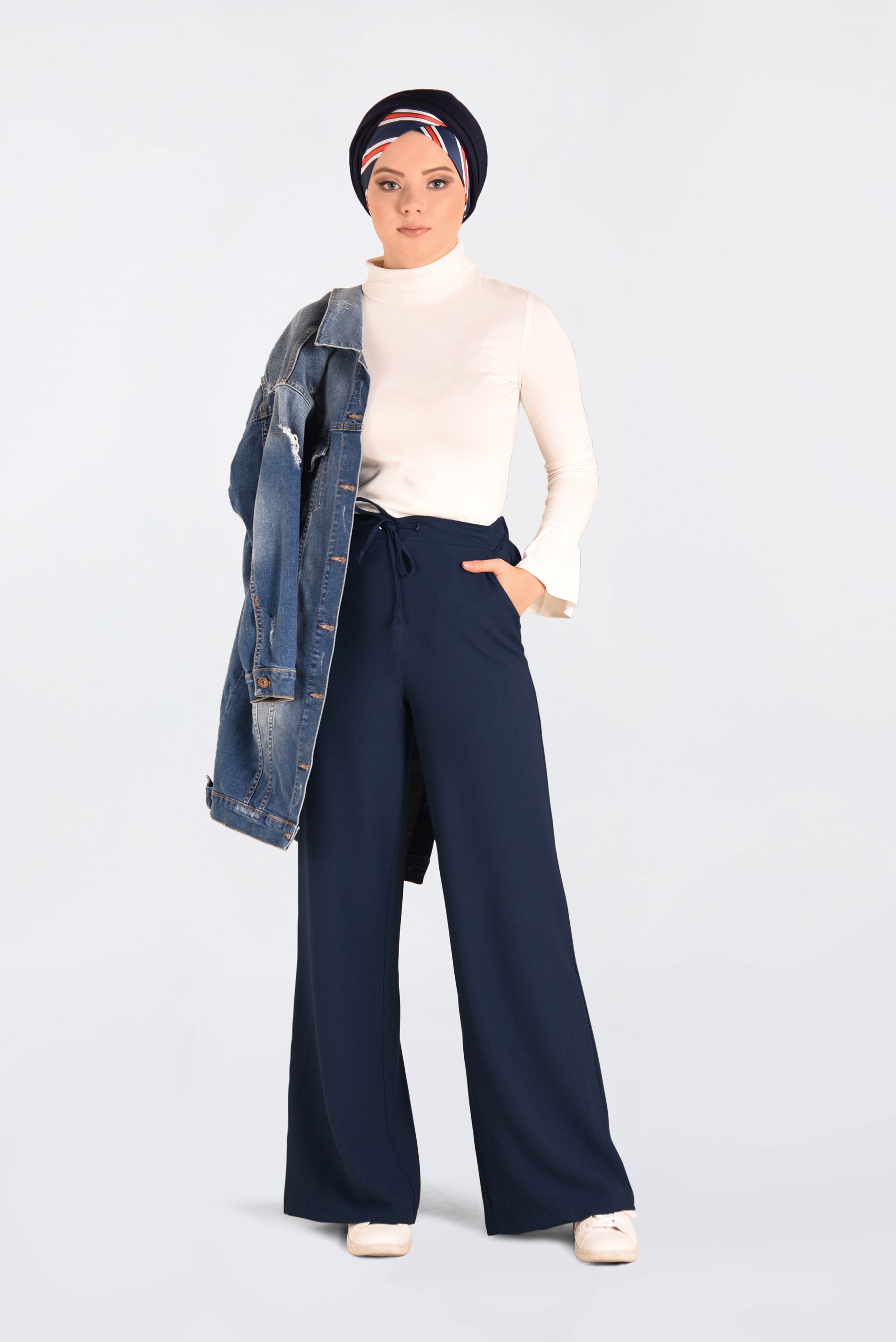 Tesettür giyim LACİVERT BELİ BAĞCIKLI BOL PAÇA PANTOLON  7413 