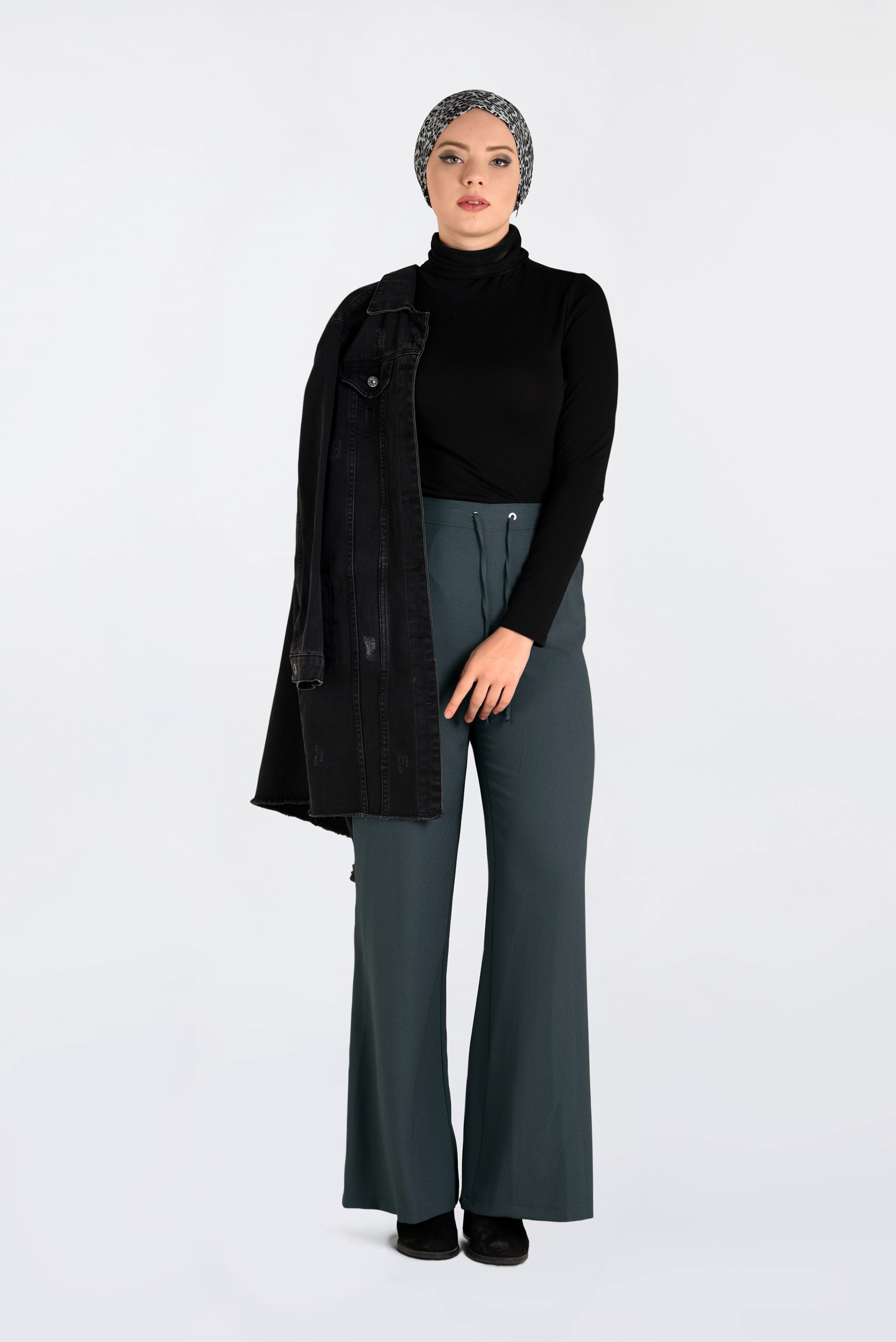 Tesettür giyim GRİ BELİ BAĞCIKLI BOL PAÇA PANTOLON  7413 