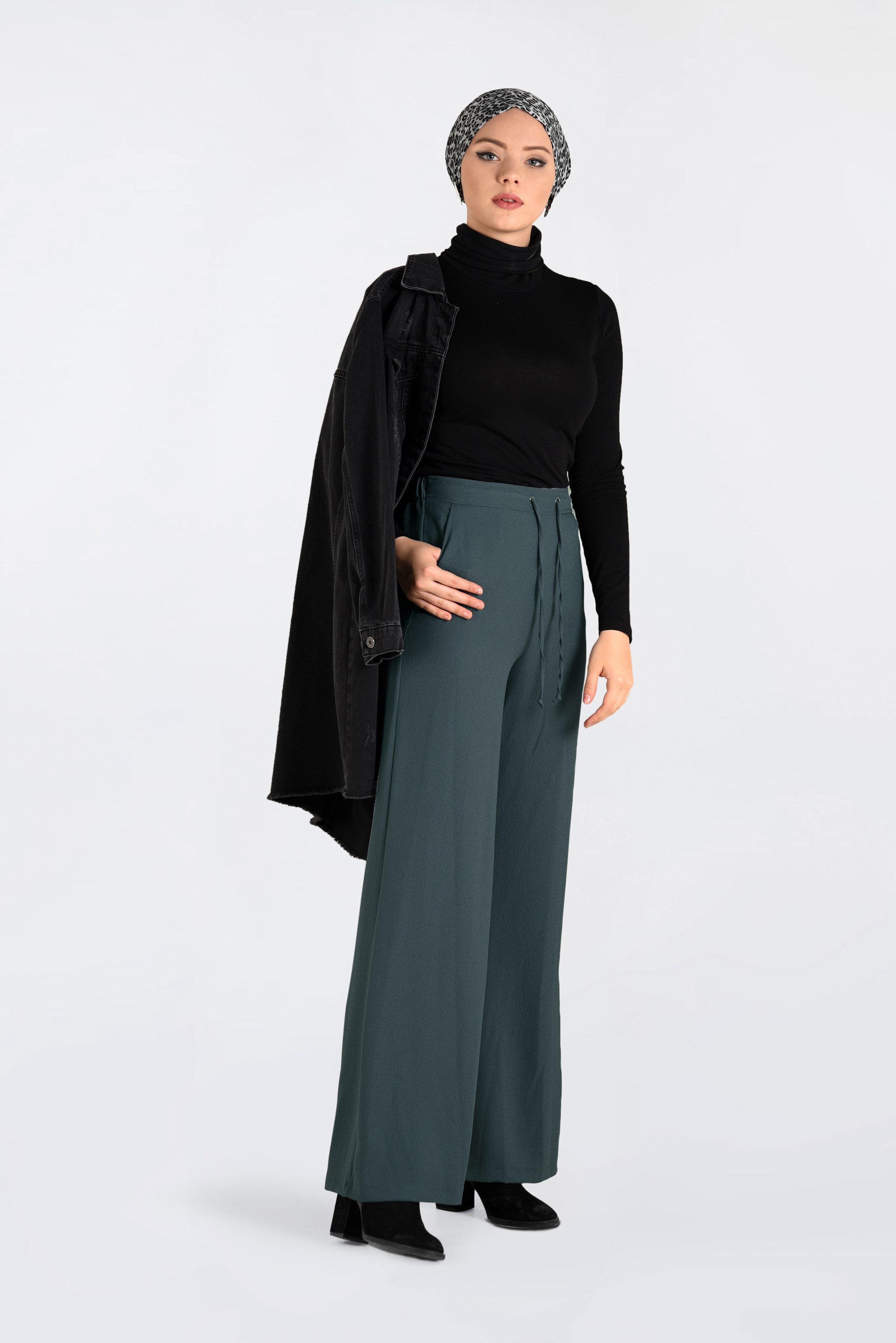 Tesettür giyim GRİ BELİ BAĞCIKLI BOL PAÇA PANTOLON  7413 