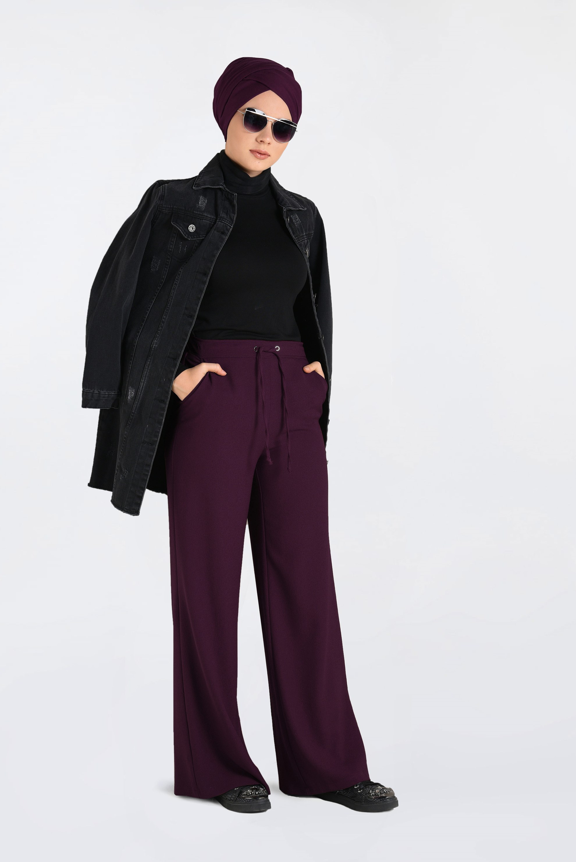 Tesettür giyim BORDO BELİ BAĞCIKLI BOL PAÇA PANTOLON  7413 