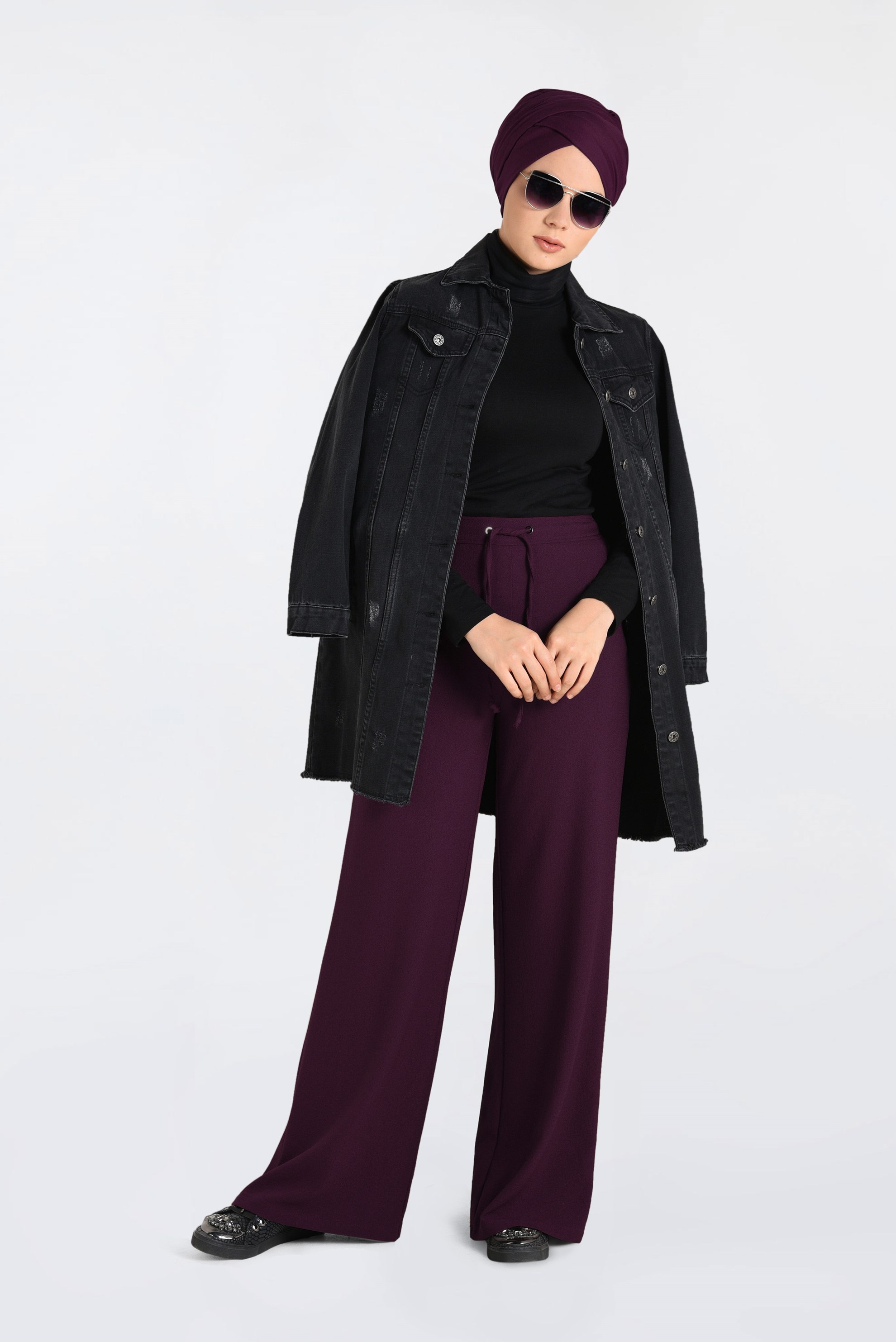 Tesettür giyim BORDO BELİ BAĞCIKLI BOL PAÇA PANTOLON  7413 