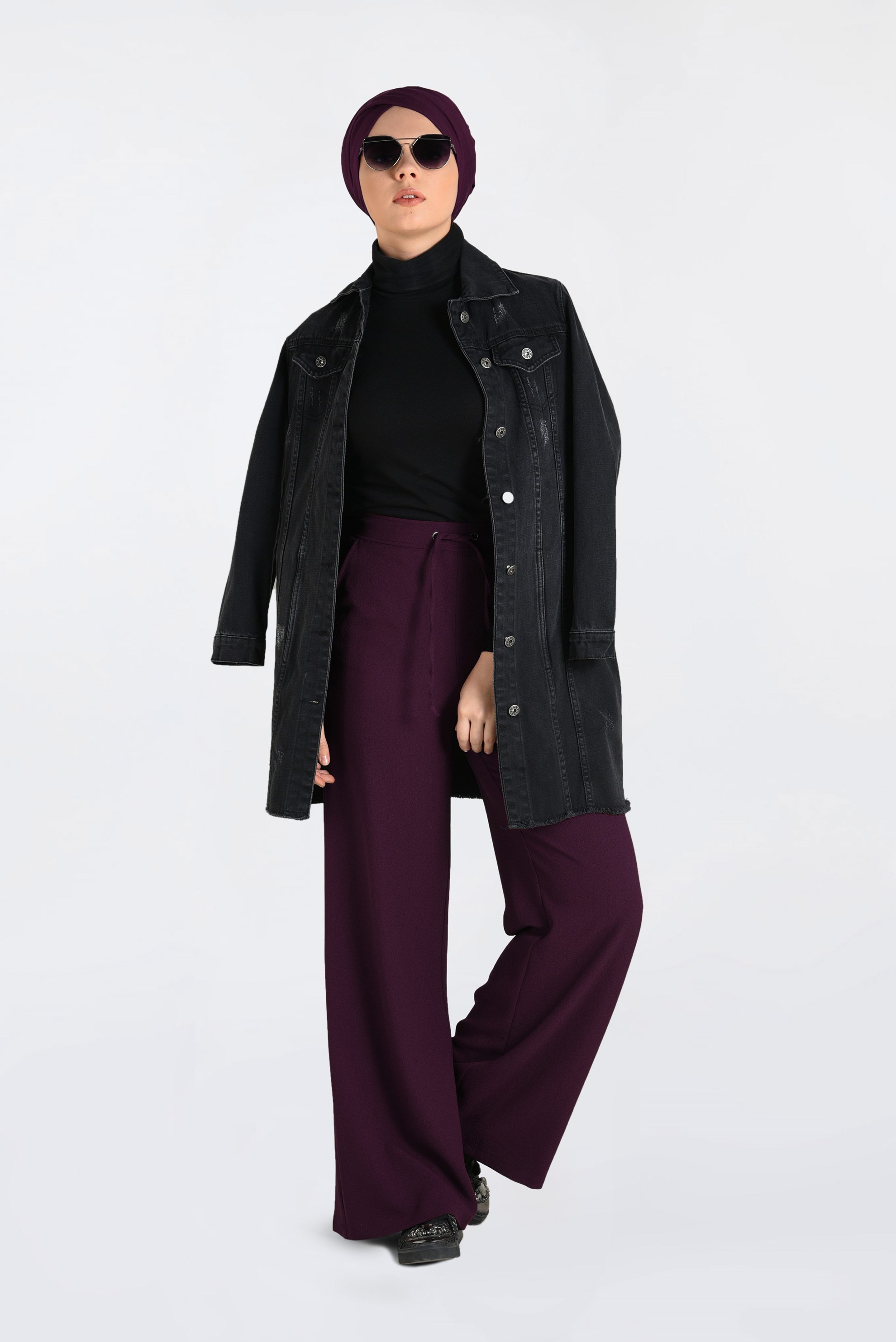 Tesettür giyim BORDO BELİ BAĞCIKLI BOL PAÇA PANTOLON  7413 