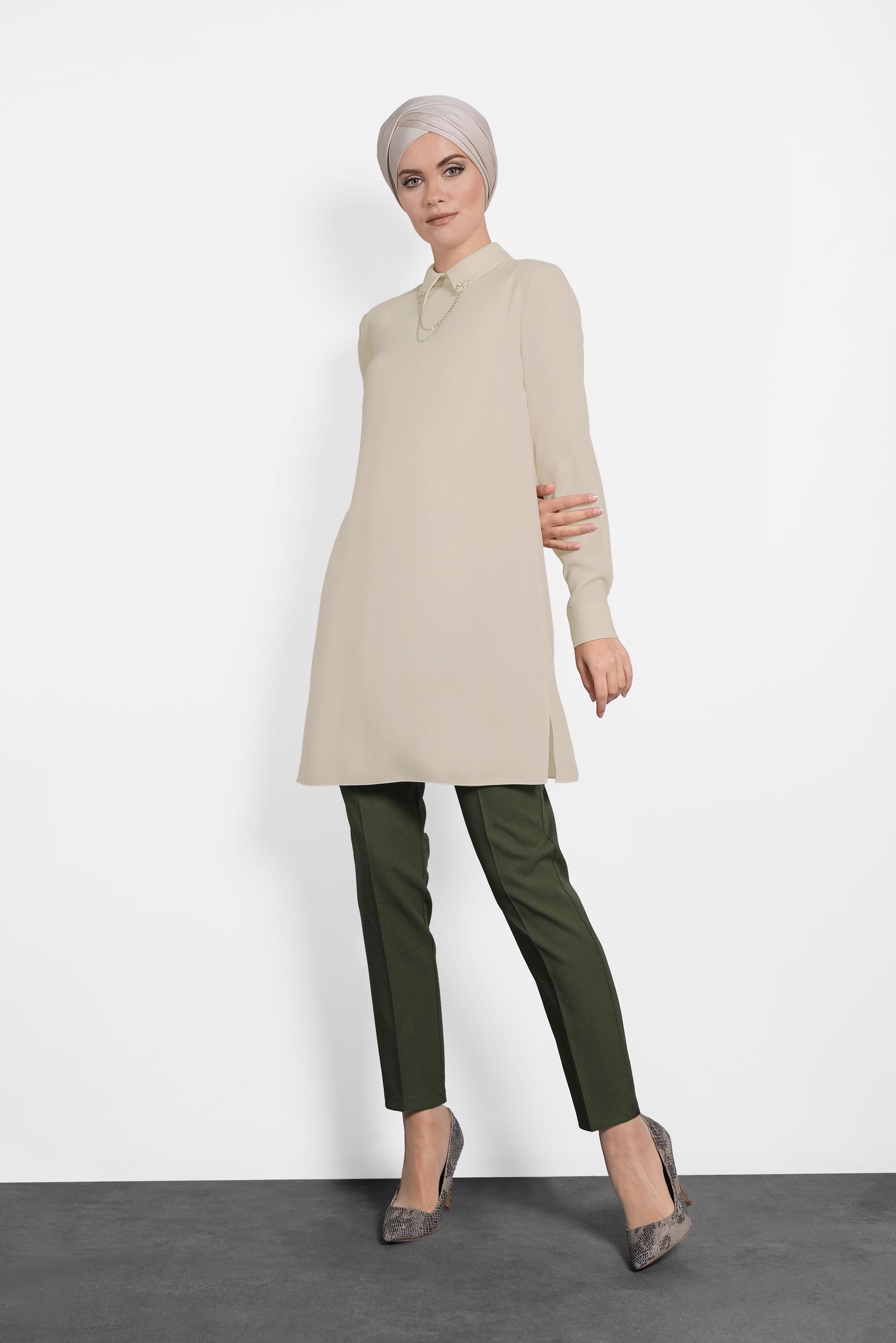 Tesettür giyim HAKİ ARA BEL DAR PAÇA PANTOLON 7414