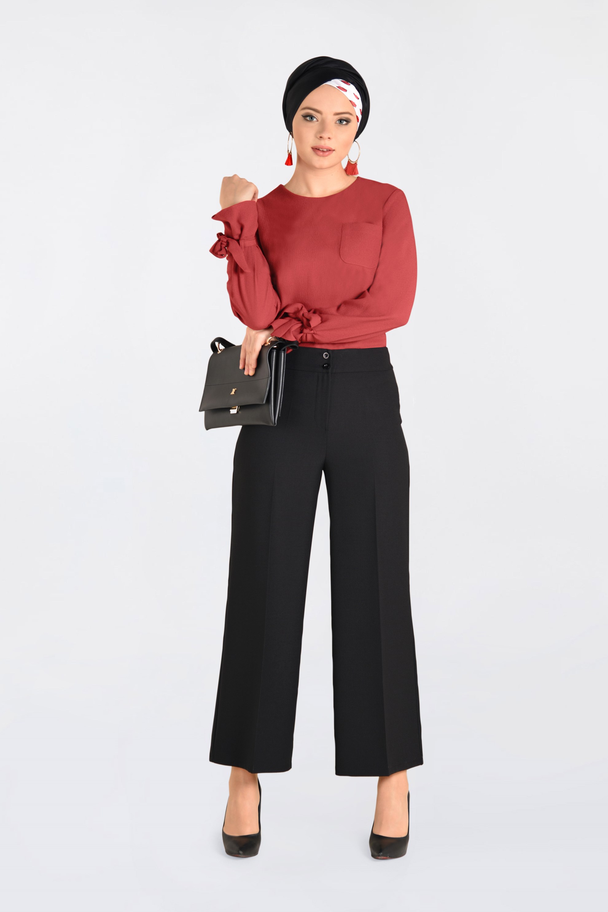 Tesettür giyim SİYAH YÜKSEK BEL BOL PAÇA PANTOLON 7416 