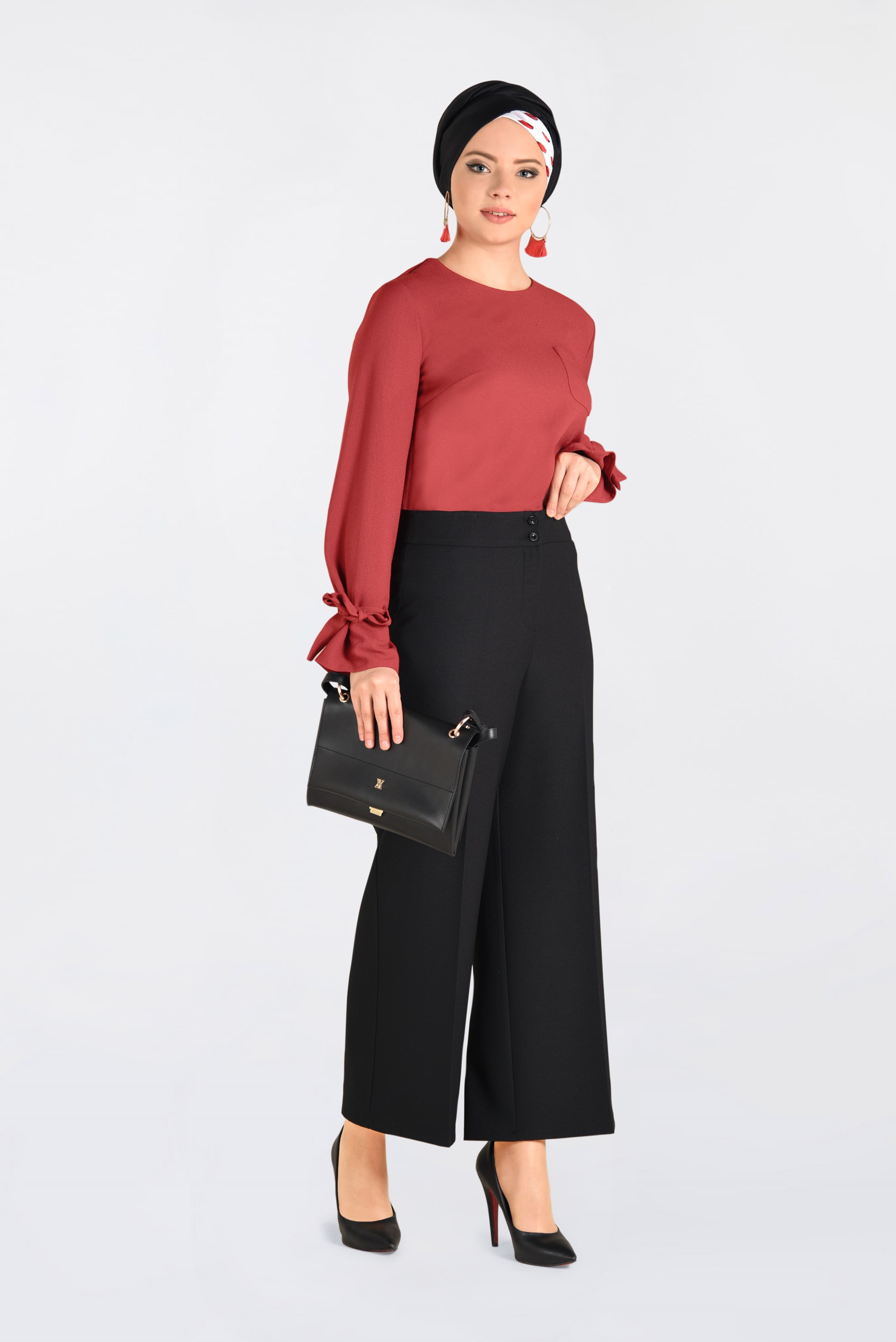 Tesettür giyim SİYAH YÜKSEK BEL BOL PAÇA PANTOLON 7416 