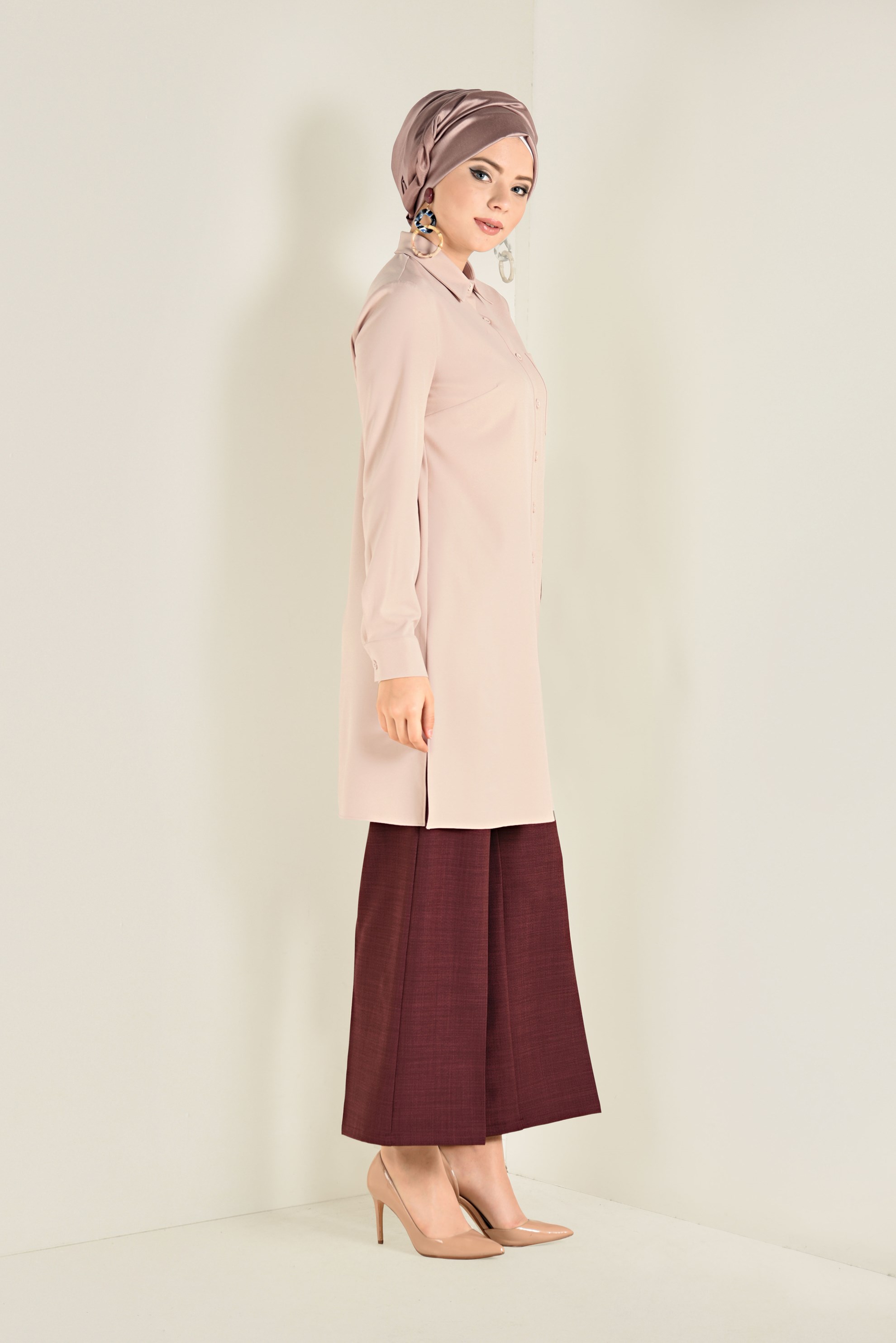 Tesettür giyim KIRMIZI YÜKSEK BEL BOL PAÇA PANTOLON 7416