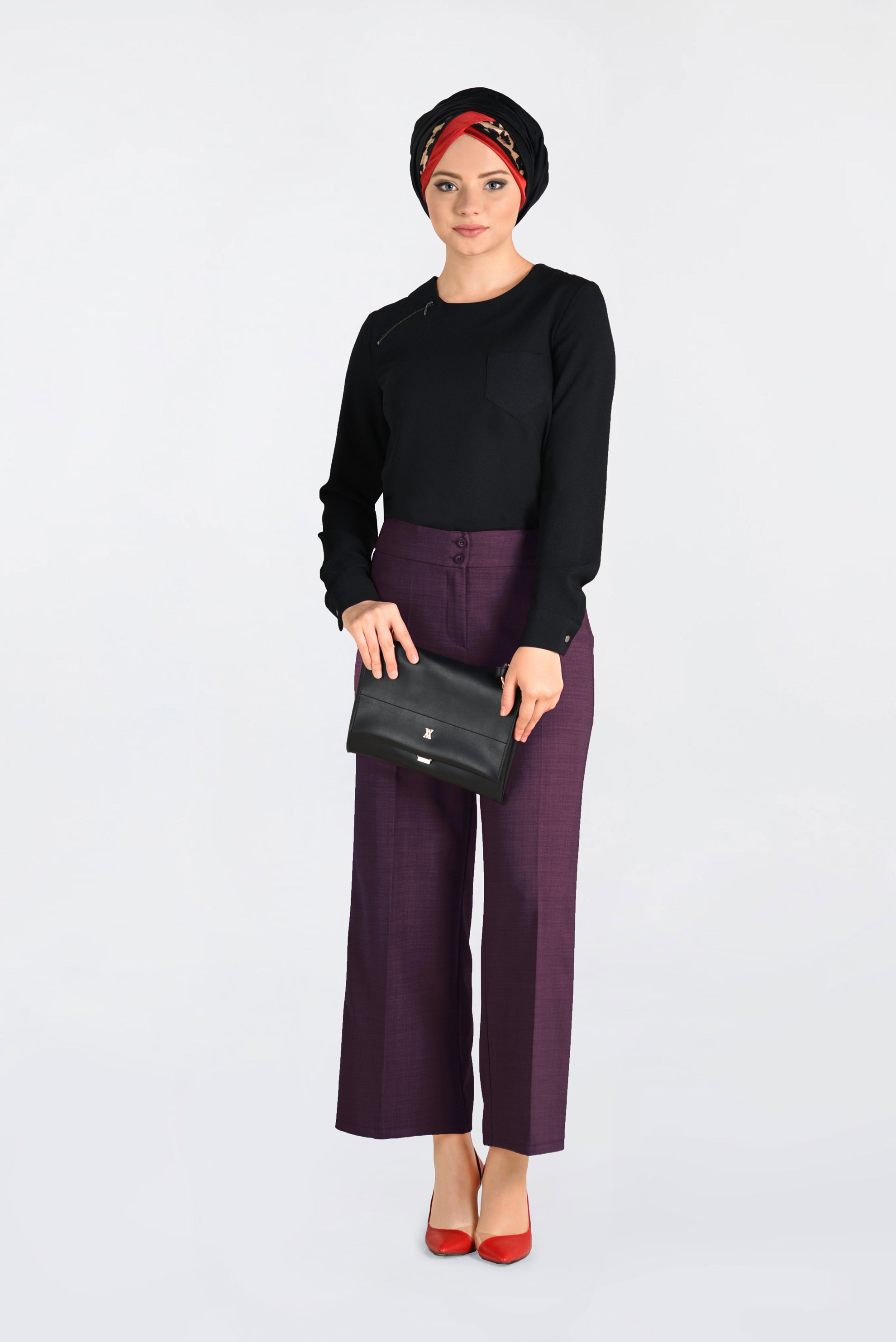 Tesettür giyim MÜRDÜM YÜKSEK BEL BOL PAÇA PANTOLON 7416