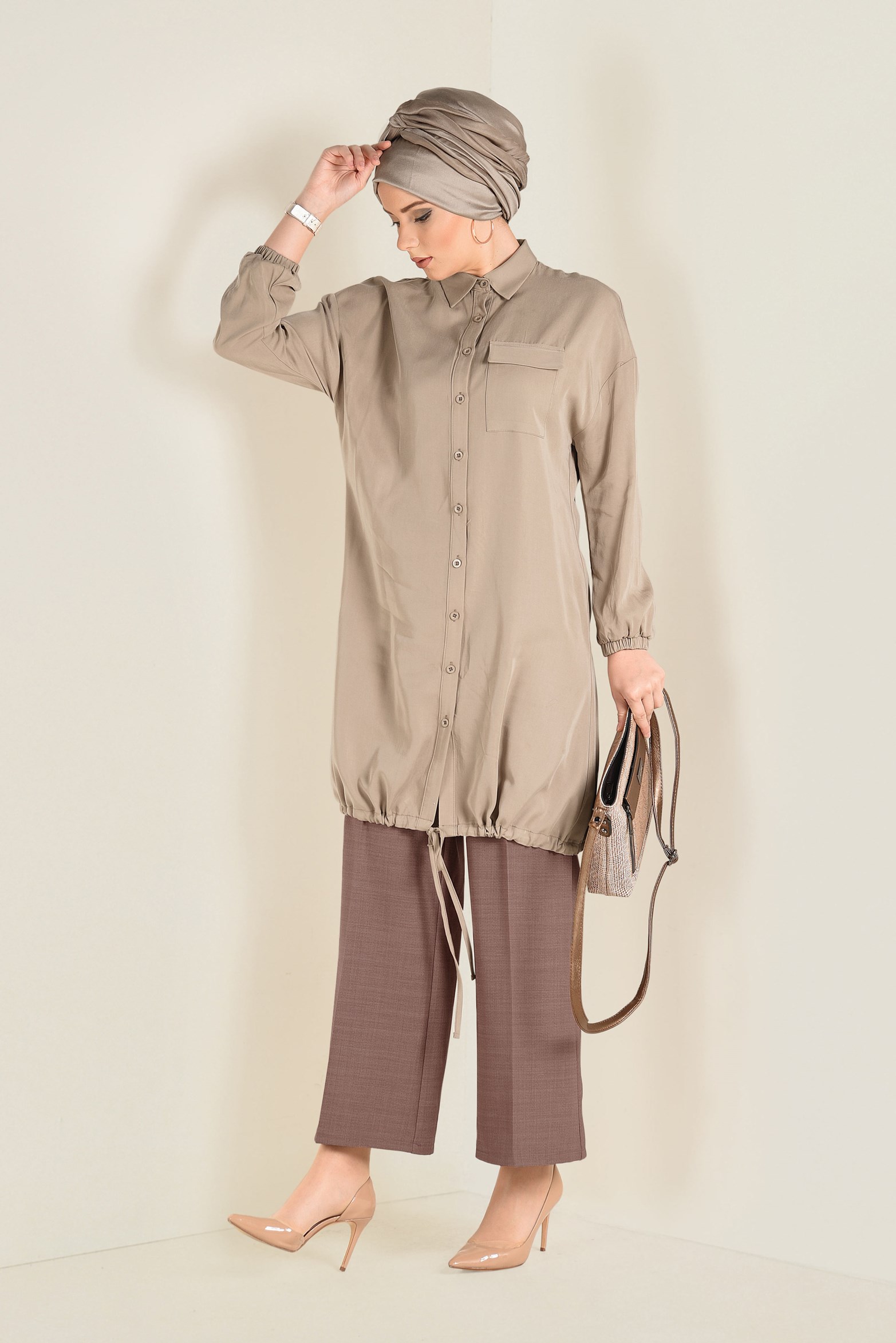 Tesettür giyim KAHVE YÜKSEK BEL BOL PAÇA PANTOLON 7416