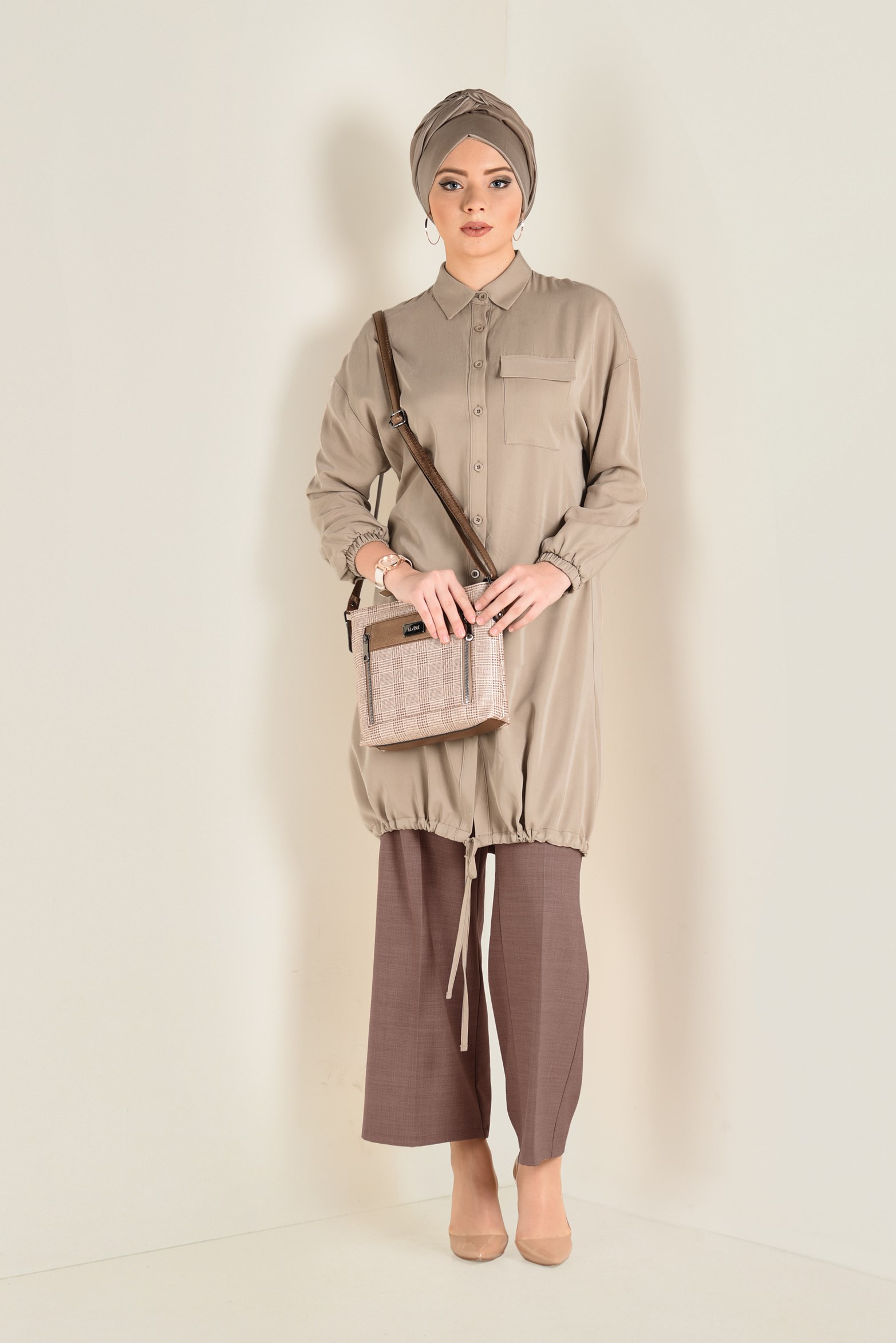 Tesettür giyim KAHVE YÜKSEK BEL BOL PAÇA PANTOLON 7416