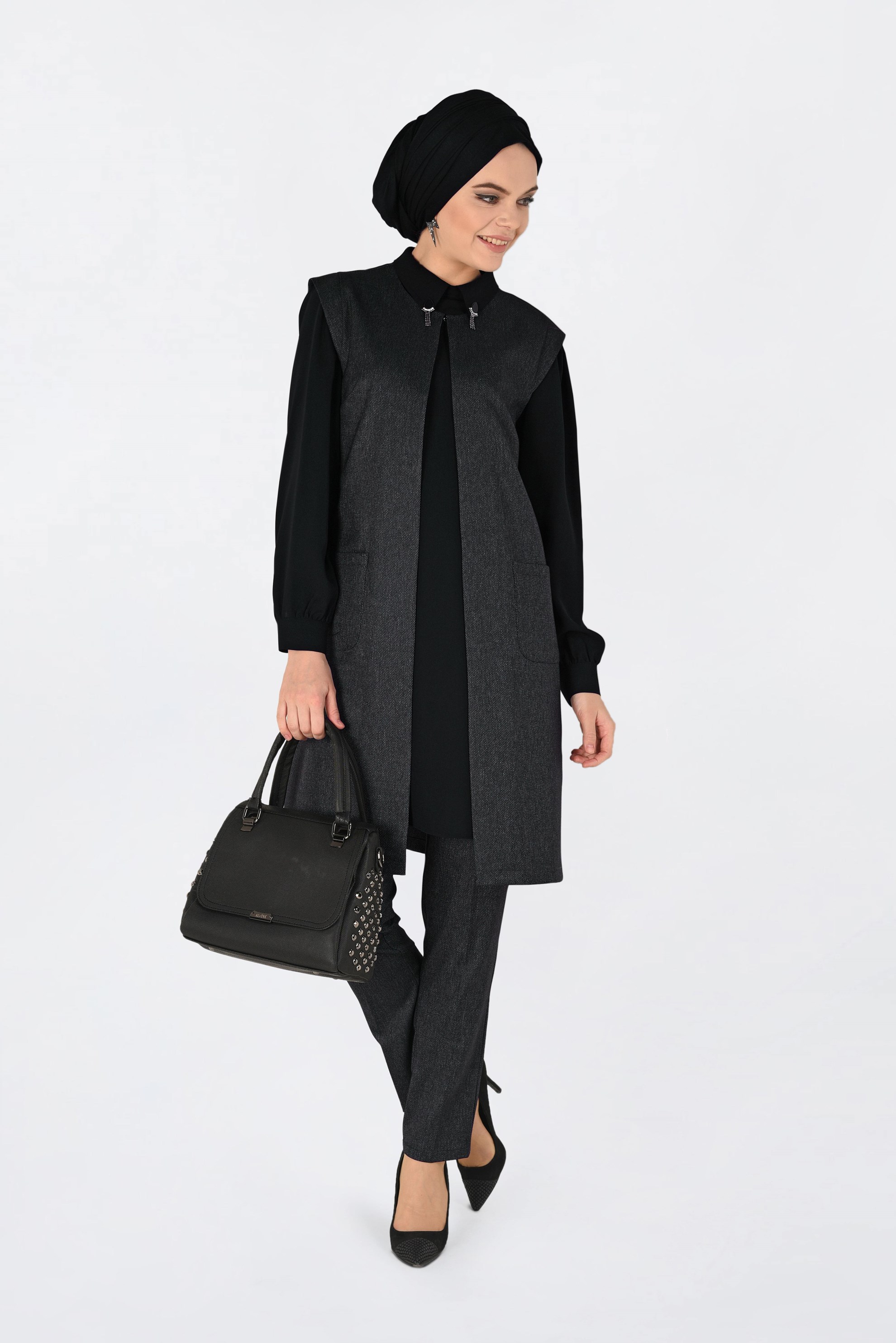 Tesettür giyim SİYAH JAKARLI KLASİK PANTOLON 7420