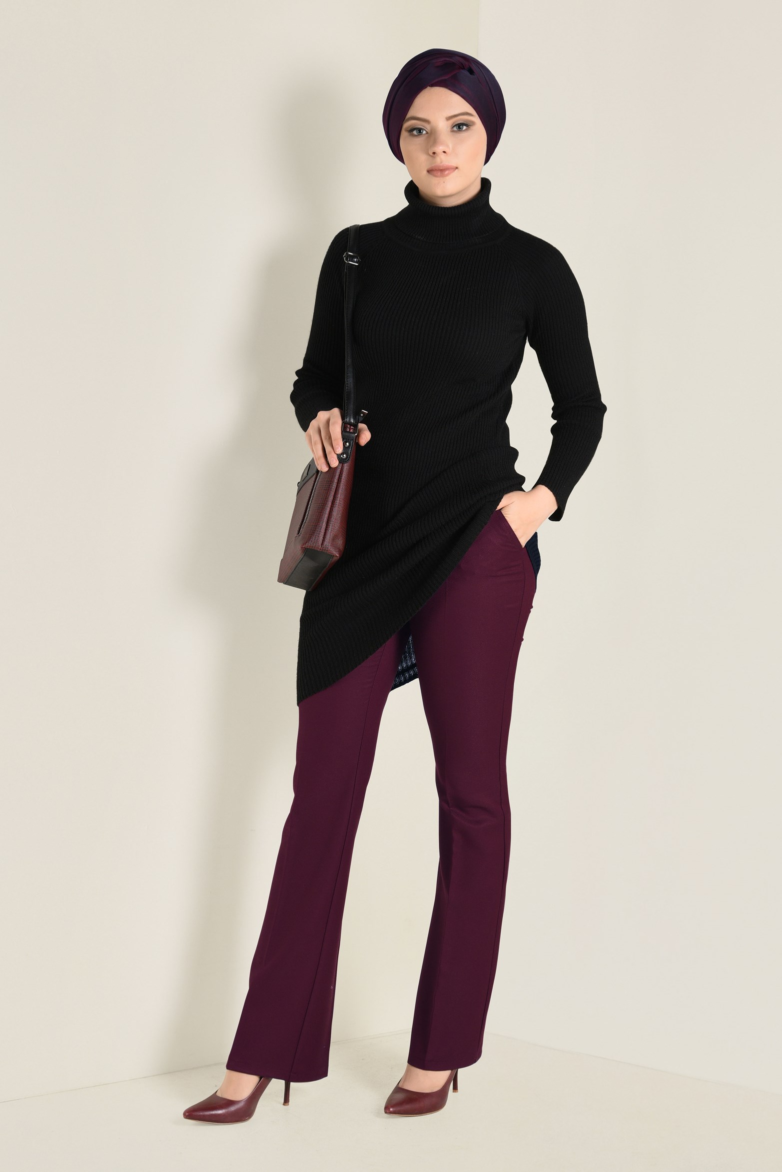 Tesettür giyim BORDO ARA BEL BOL PAÇA PANTOLON 7423