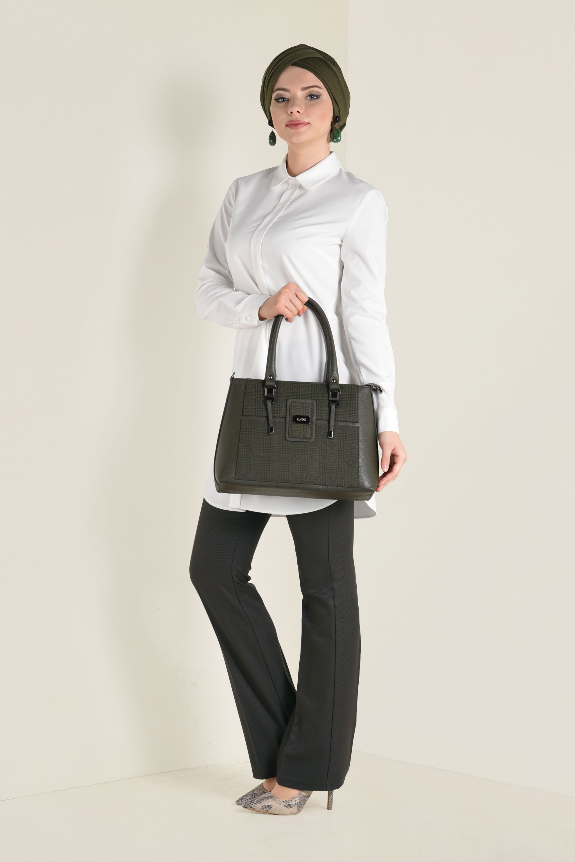 Tesettür giyim HAKİ ARA BEL BOL PAÇA PANTOLON 7423