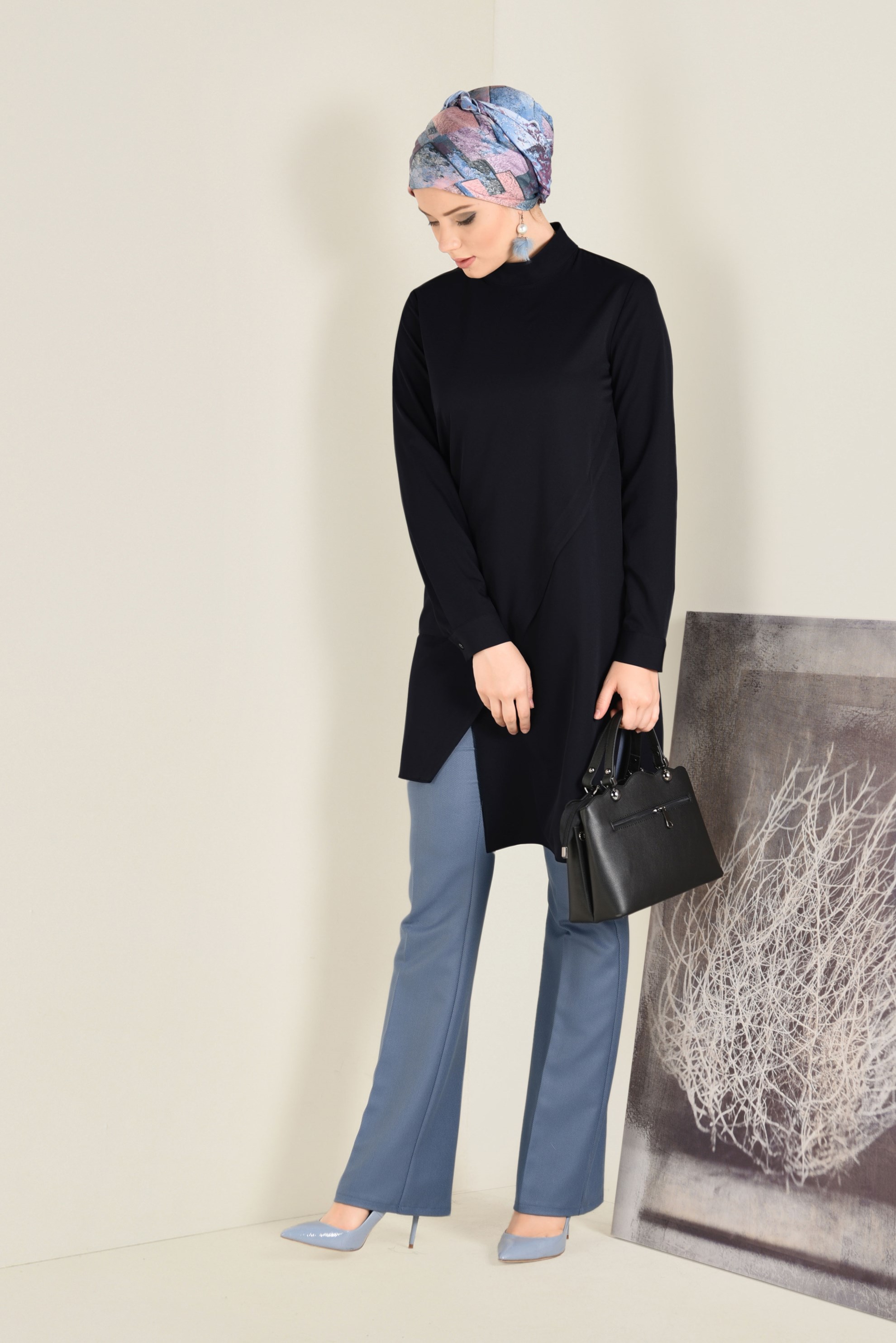 Tesettür giyim MAVİ ARA BEL BOL PAÇA PANTOLON 7423