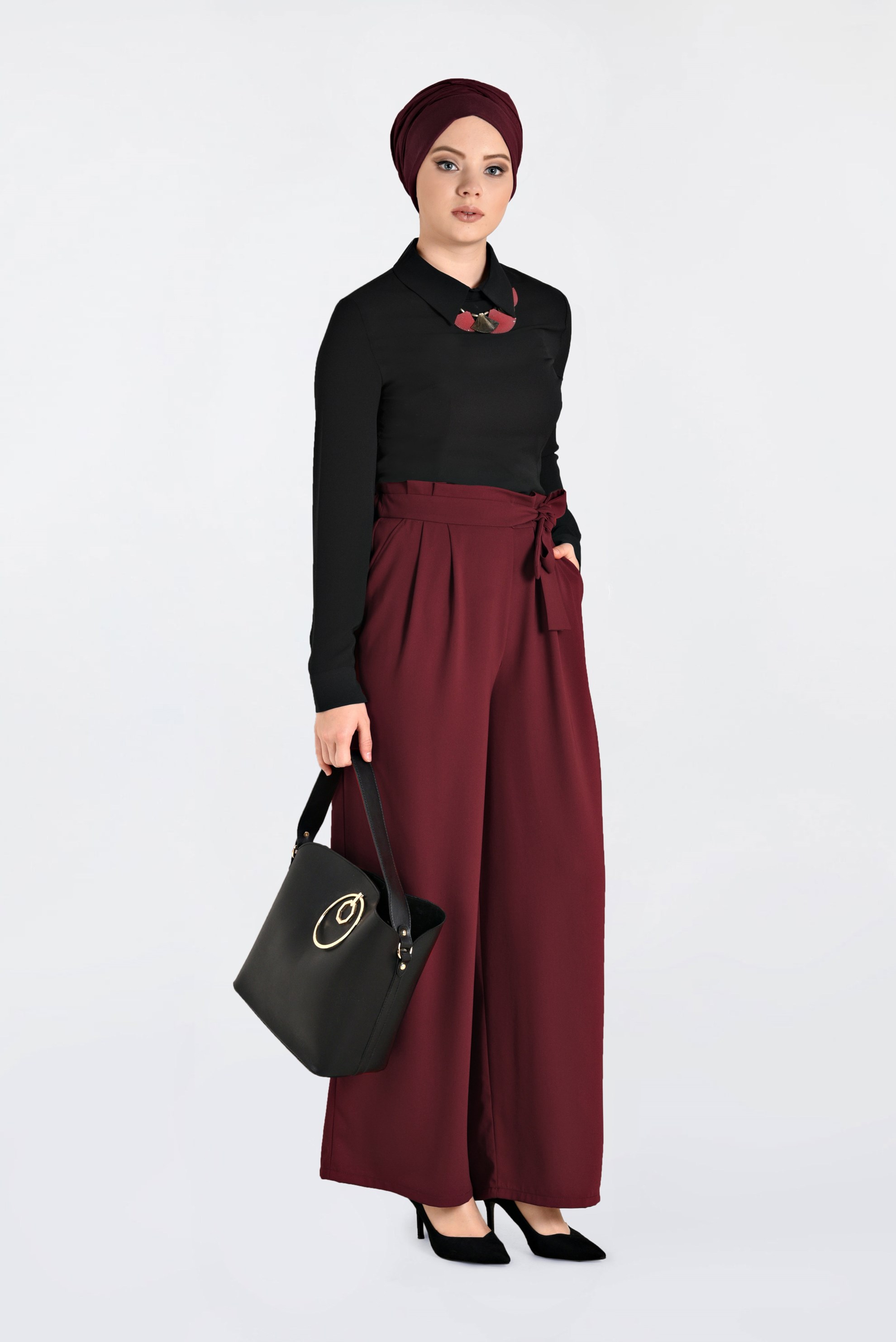 Tesettür giyim BORDO GENİŞ PAÇA PANTOLON 7430