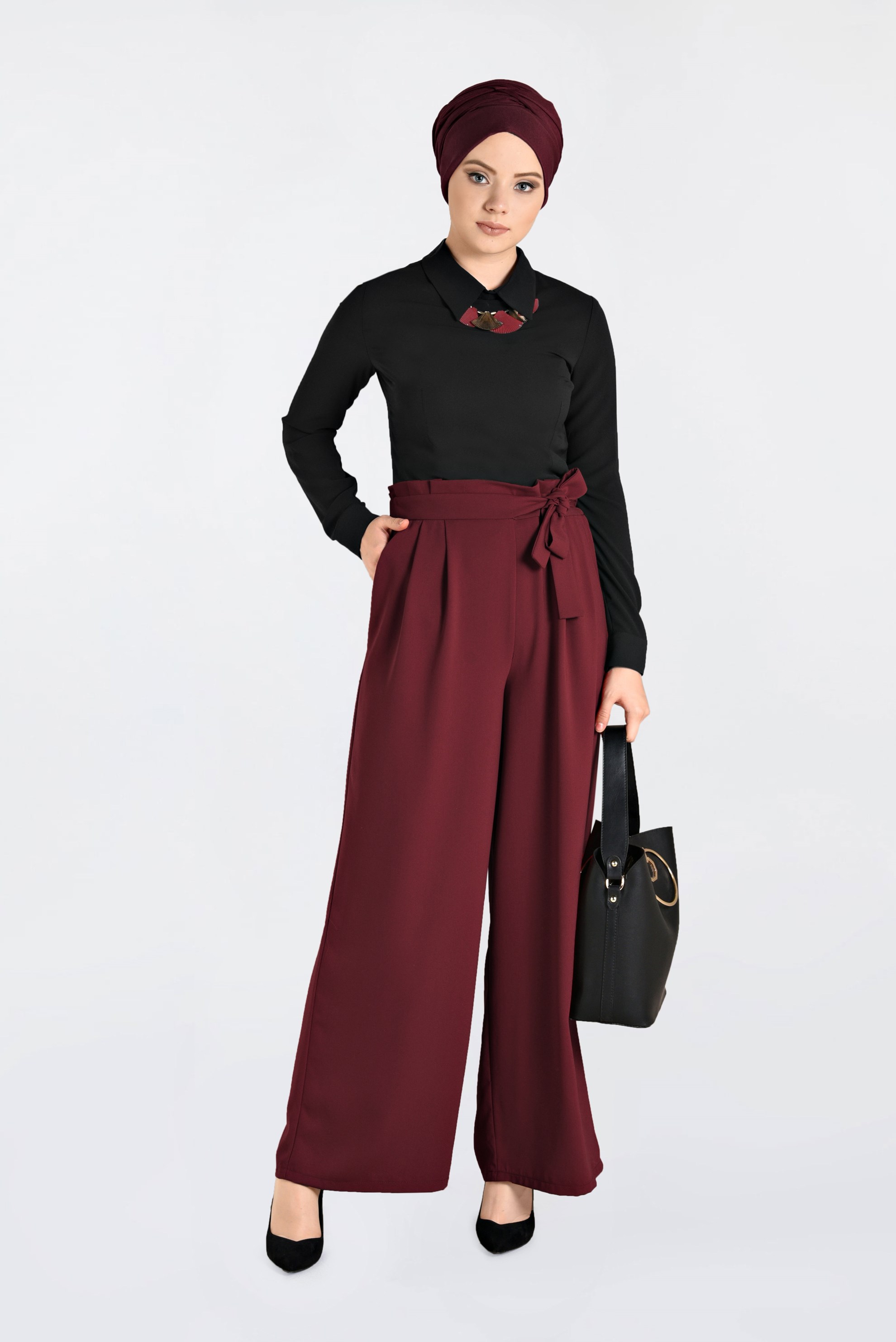 Tesettür giyim BORDO GENİŞ PAÇA PANTOLON 7430