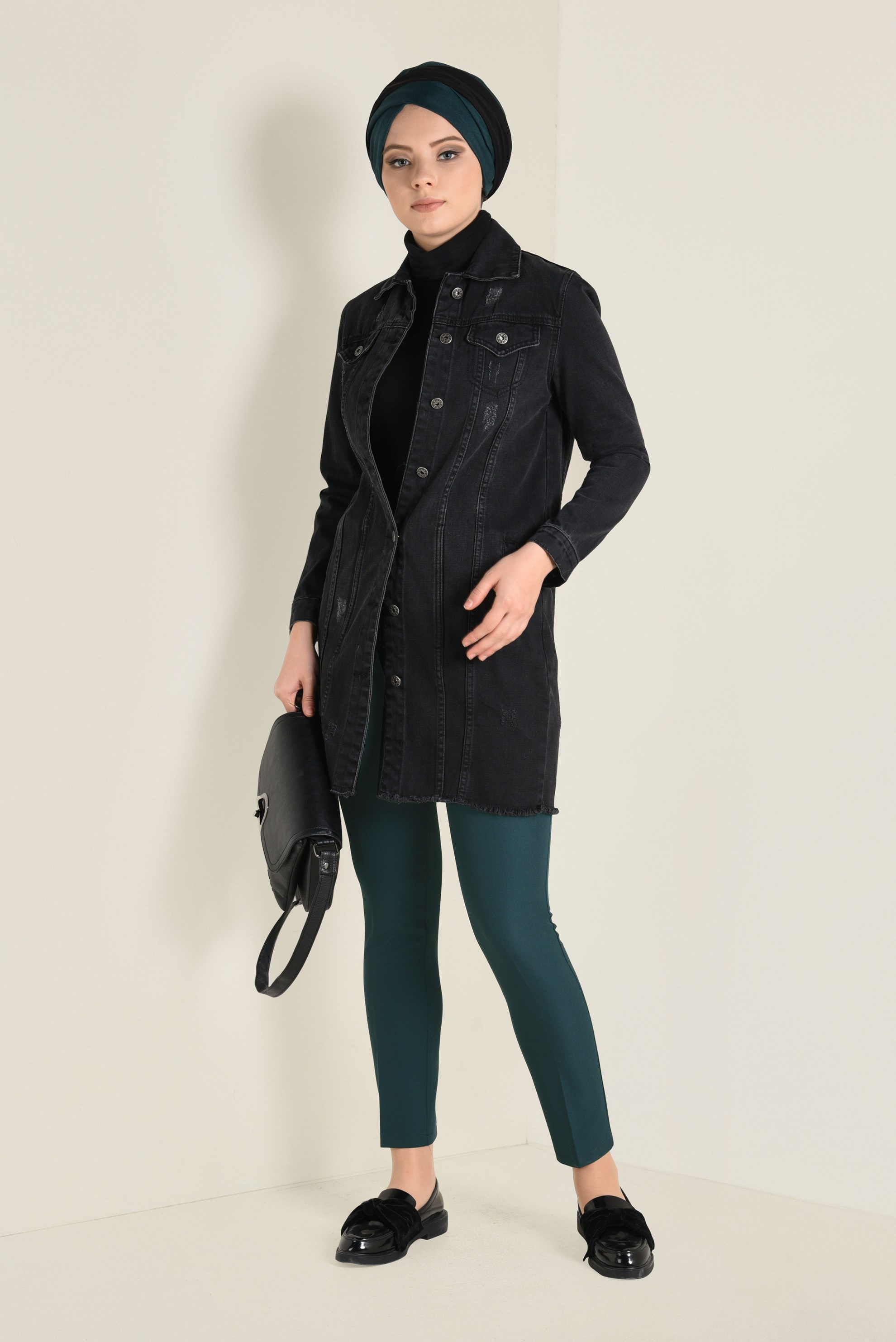 Tesettür giyim MAVİ YANDAN DÜĞMELİ PANTOLON 7433 