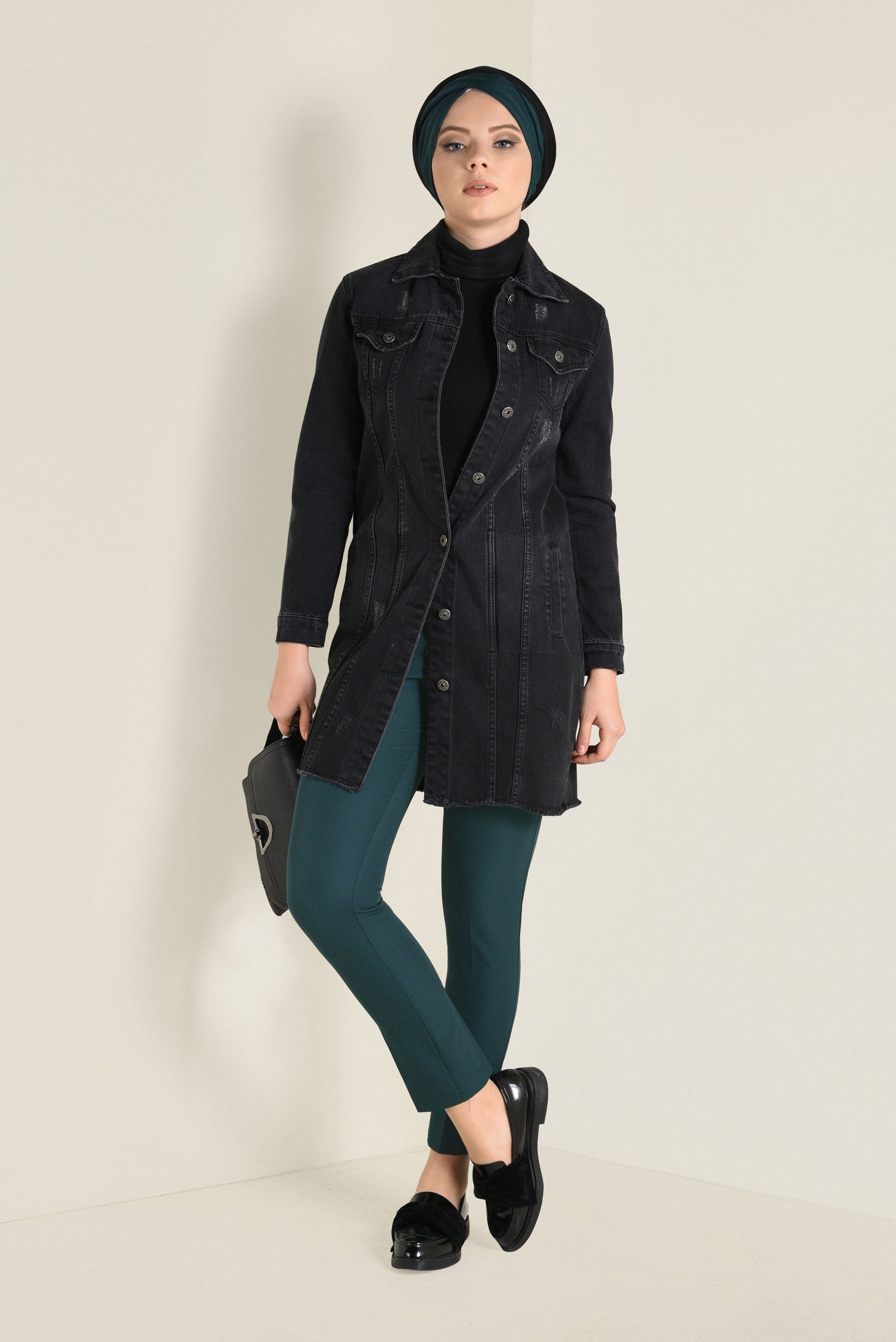 Tesettür giyim MAVİ YANDAN DÜĞMELİ PANTOLON 7433 