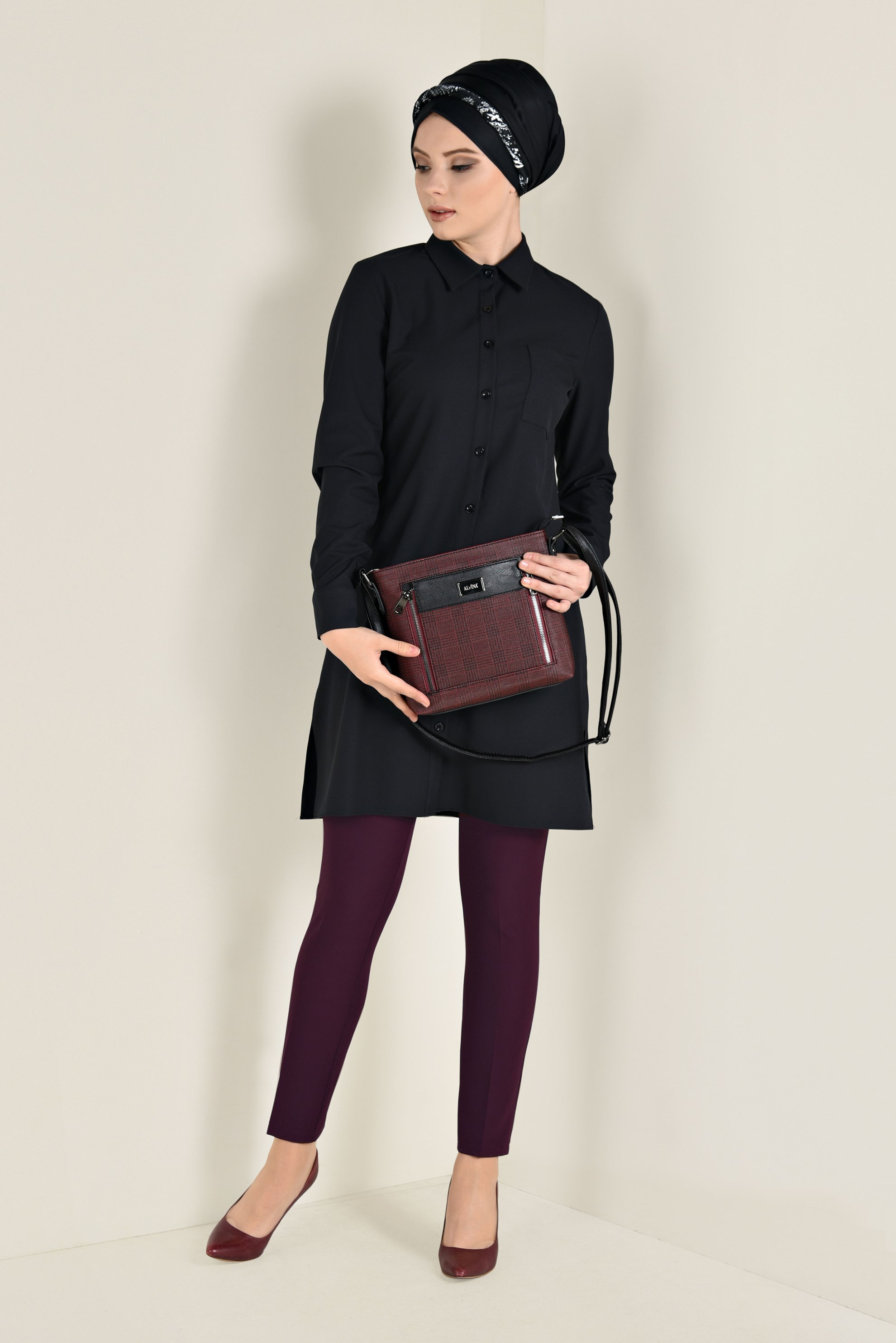 Tesettür giyim BORDO YANDAN DÜĞMELİ PANTOLON 7433 