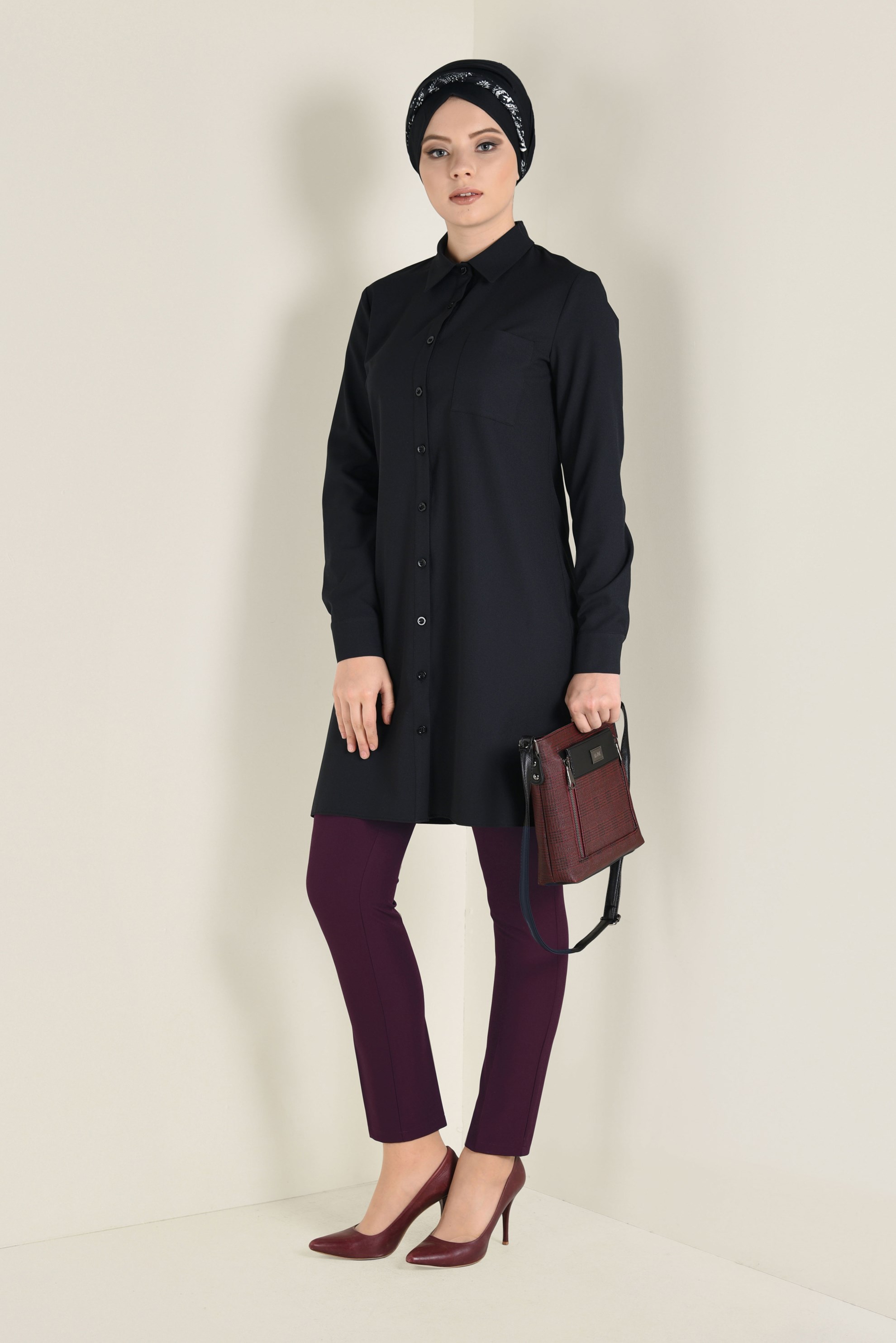 Tesettür giyim BORDO YANDAN DÜĞMELİ PANTOLON 7433 