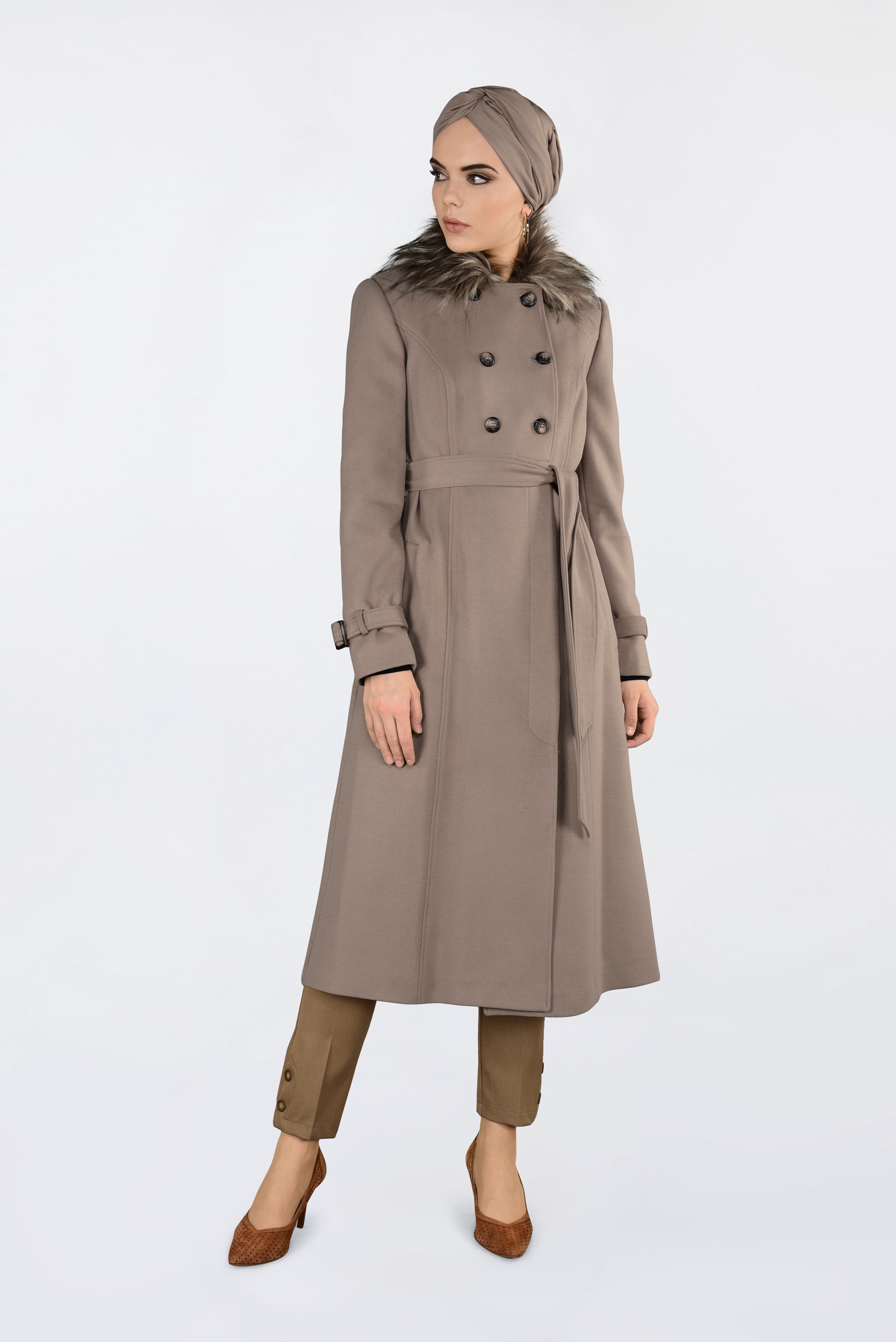 Tesettür giyim KAHVE DAR PAÇA BİLEKLERİ DÜĞME DETAYLI PANTOLON 7436 