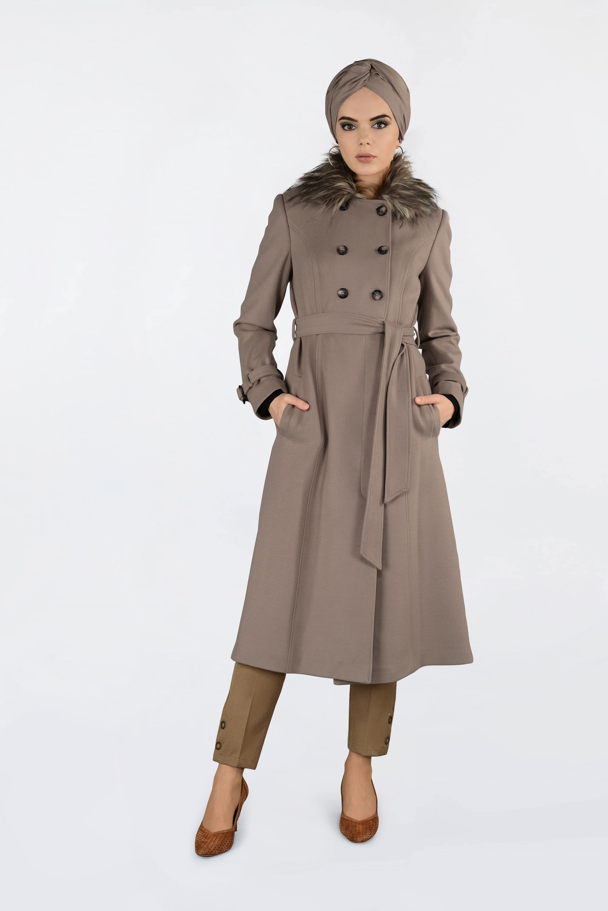 Tesettür giyim KAHVE DAR PAÇA BİLEKLERİ DÜĞME DETAYLI PANTOLON 7436 