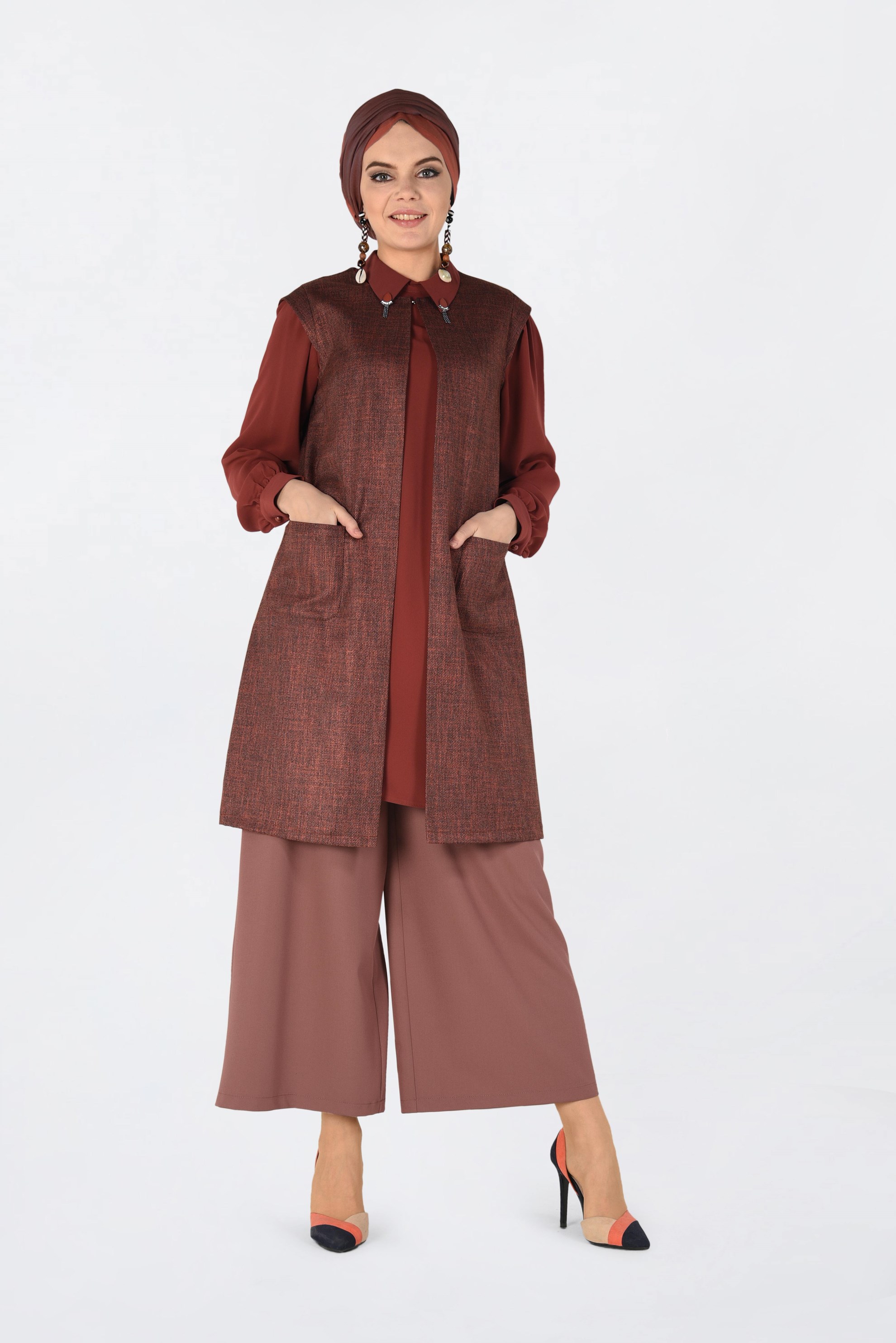 Tesettür giyim TURUNCU YÜKSEK BEL DÜĞMELİ BOL PAÇA PANTOLON 7438