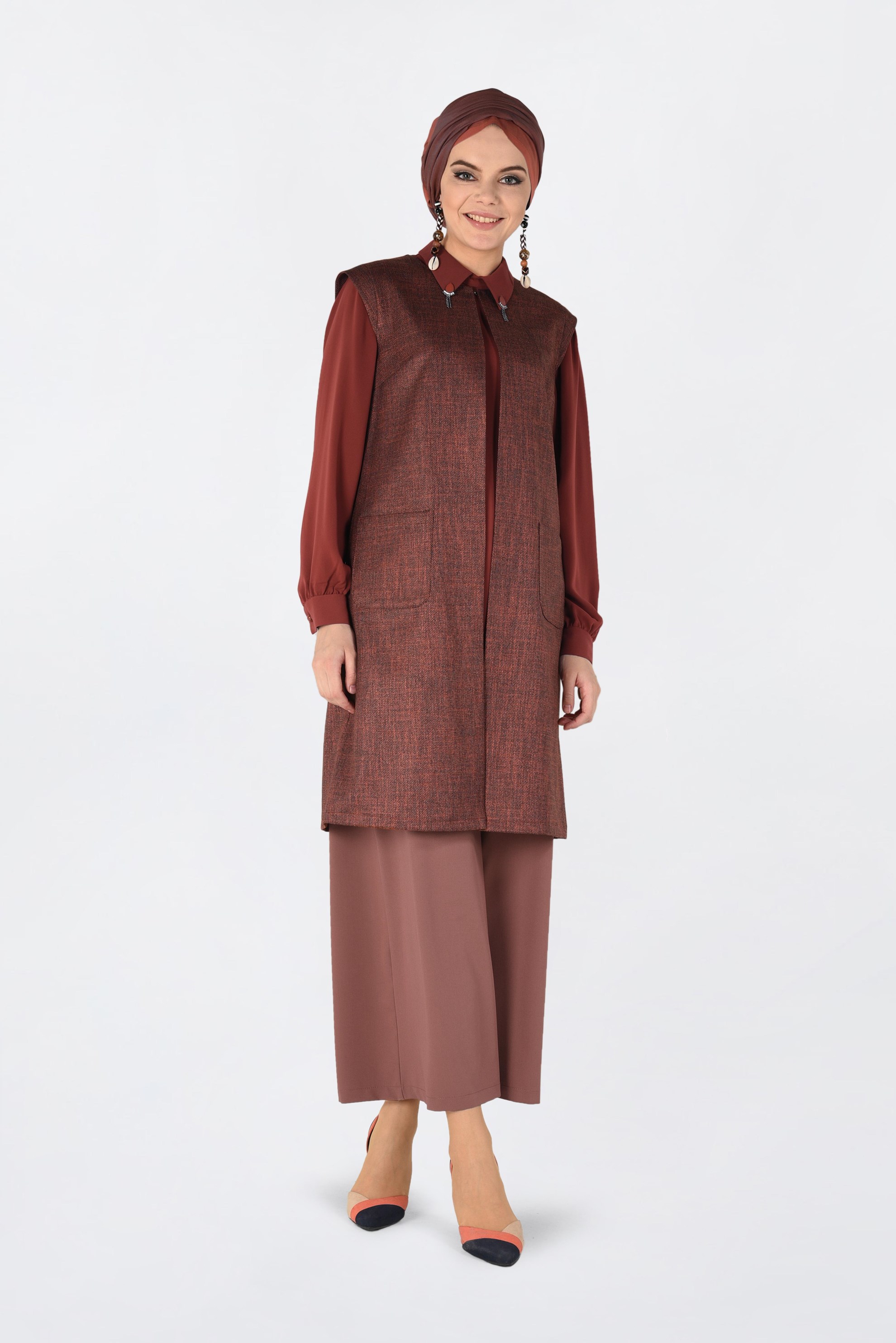 Tesettür giyim TURUNCU YÜKSEK BEL DÜĞMELİ BOL PAÇA PANTOLON 7438