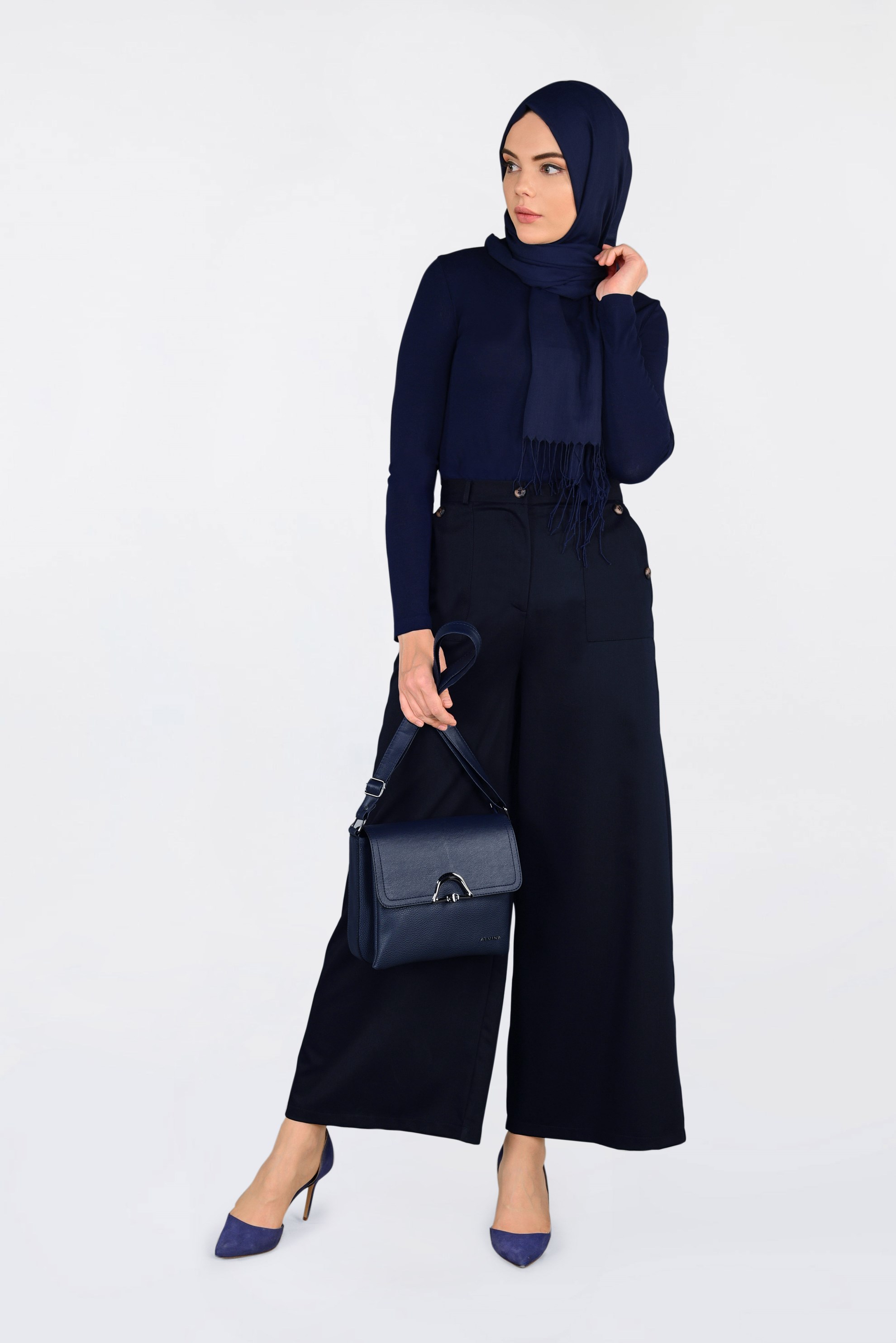 Tesettür giyim LACİVERT YÜKSEK BEL DÜĞMELİ BOL PAÇA PANTOLON 7438