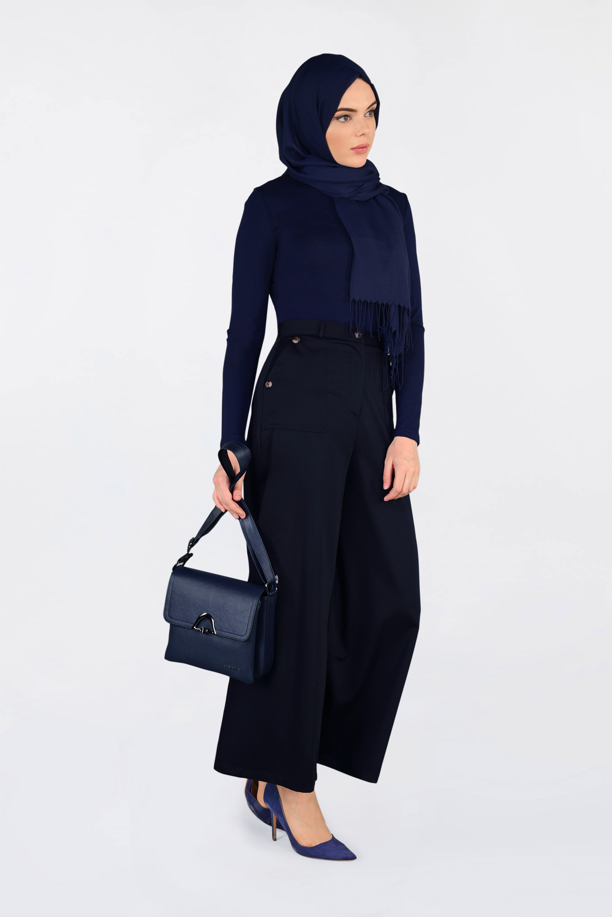 Tesettür giyim LACİVERT YÜKSEK BEL DÜĞMELİ BOL PAÇA PANTOLON 7438