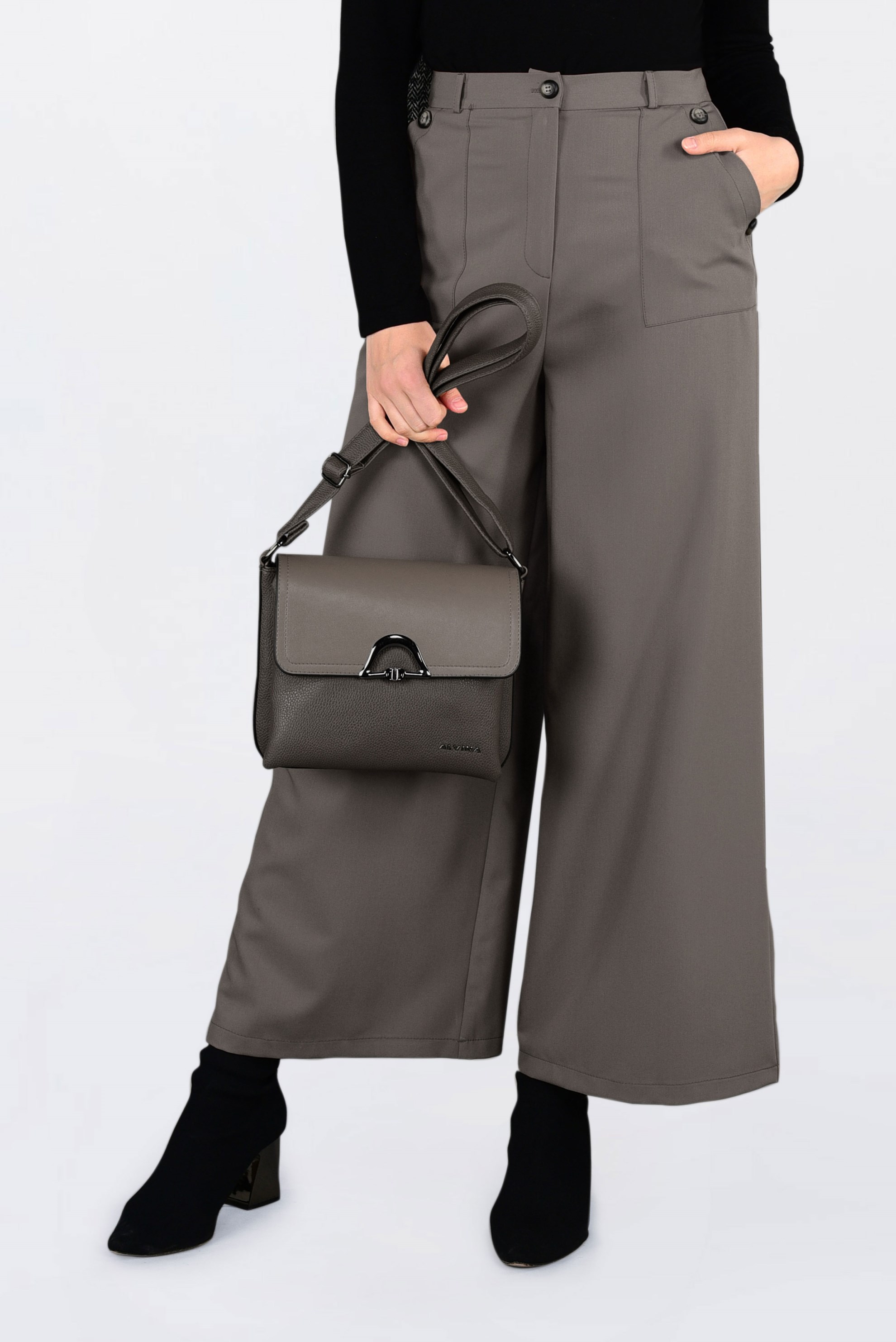 Tesettür giyim KAHVE YÜKSEK BEL DÜĞMELİ BOL PAÇA PANTOLON 7438