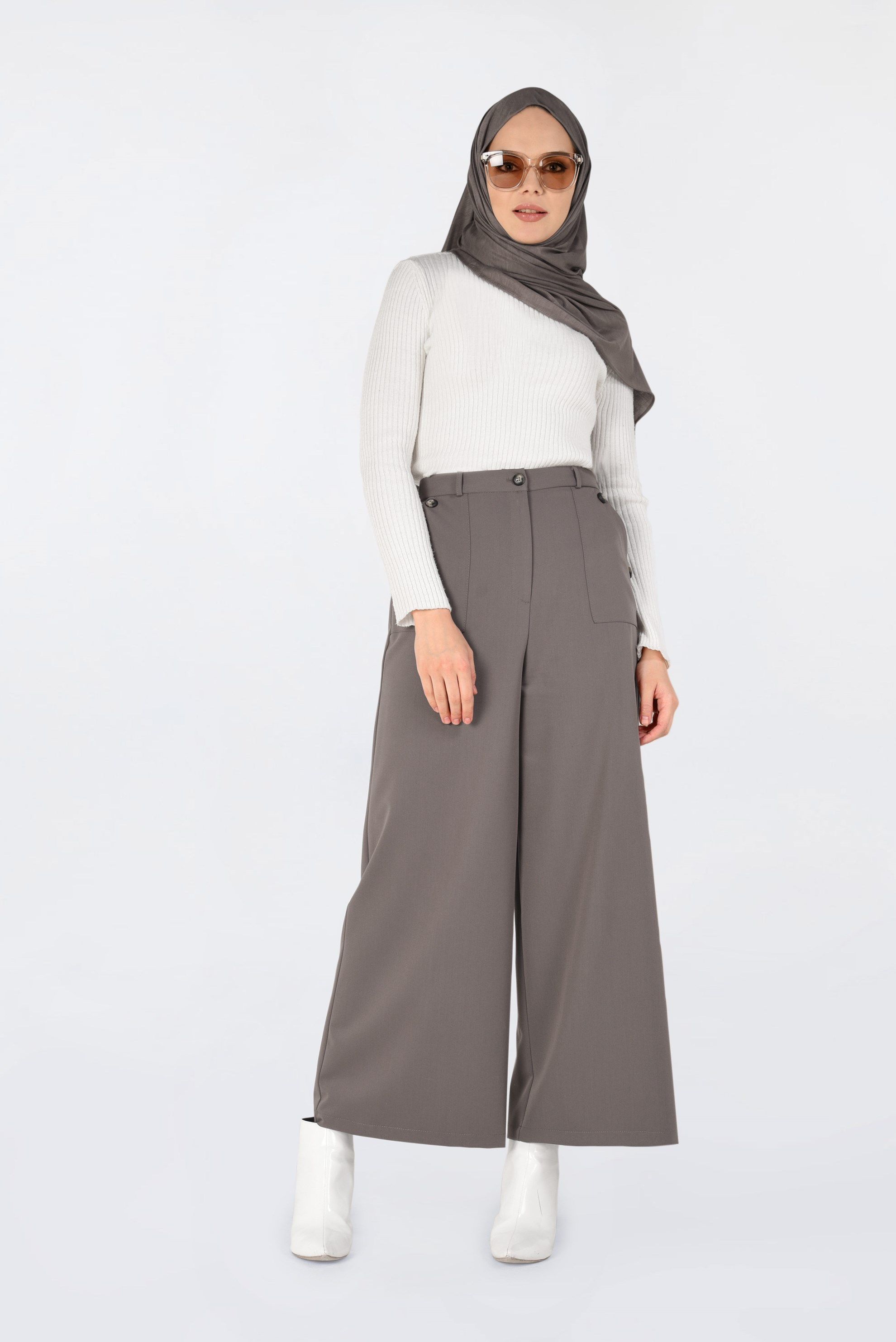 Tesettür giyim VİZON YÜKSEK BEL DÜĞMELİ BOL PAÇA PANTOLON 7438