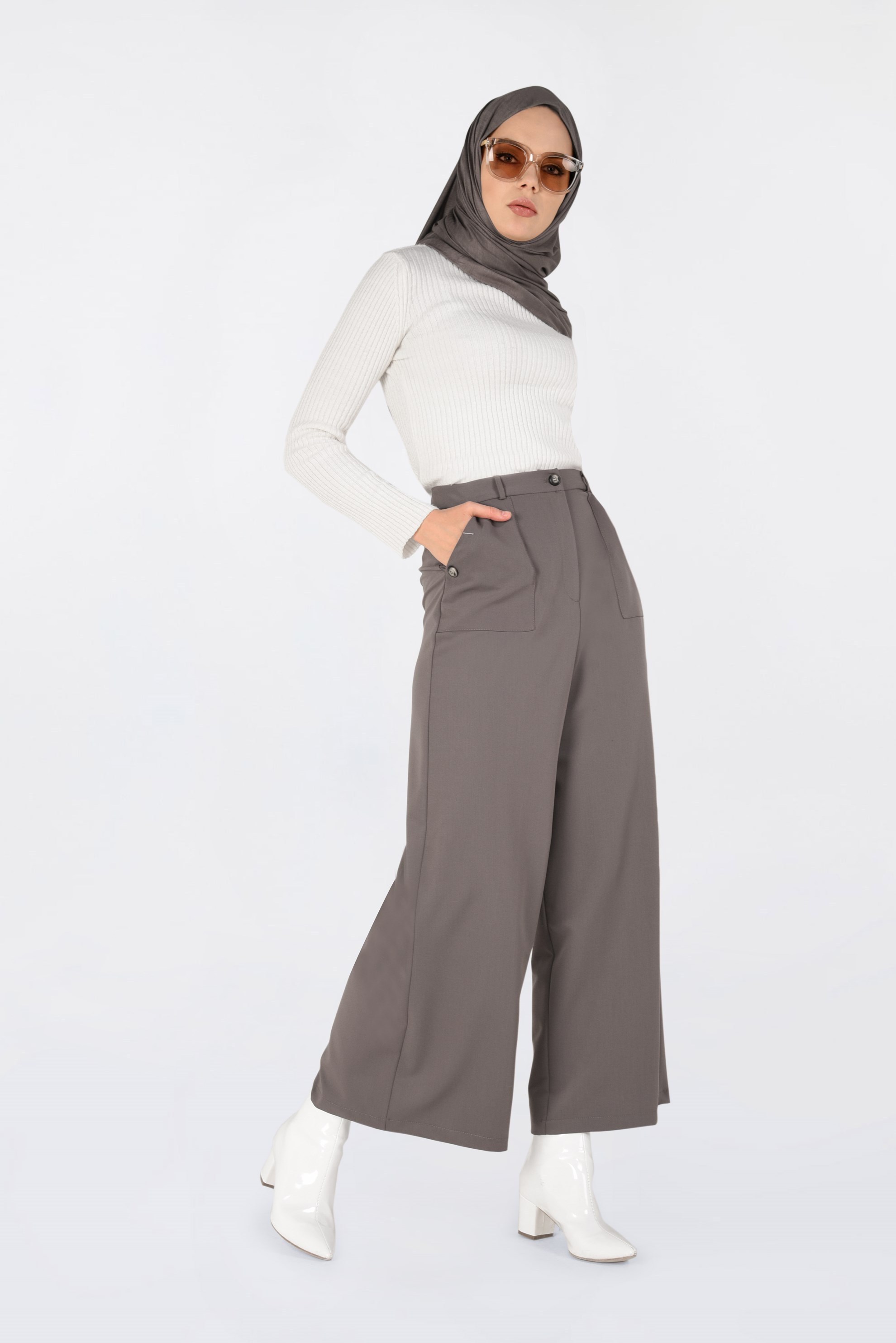 Tesettür giyim VİZON YÜKSEK BEL DÜĞMELİ BOL PAÇA PANTOLON 7438