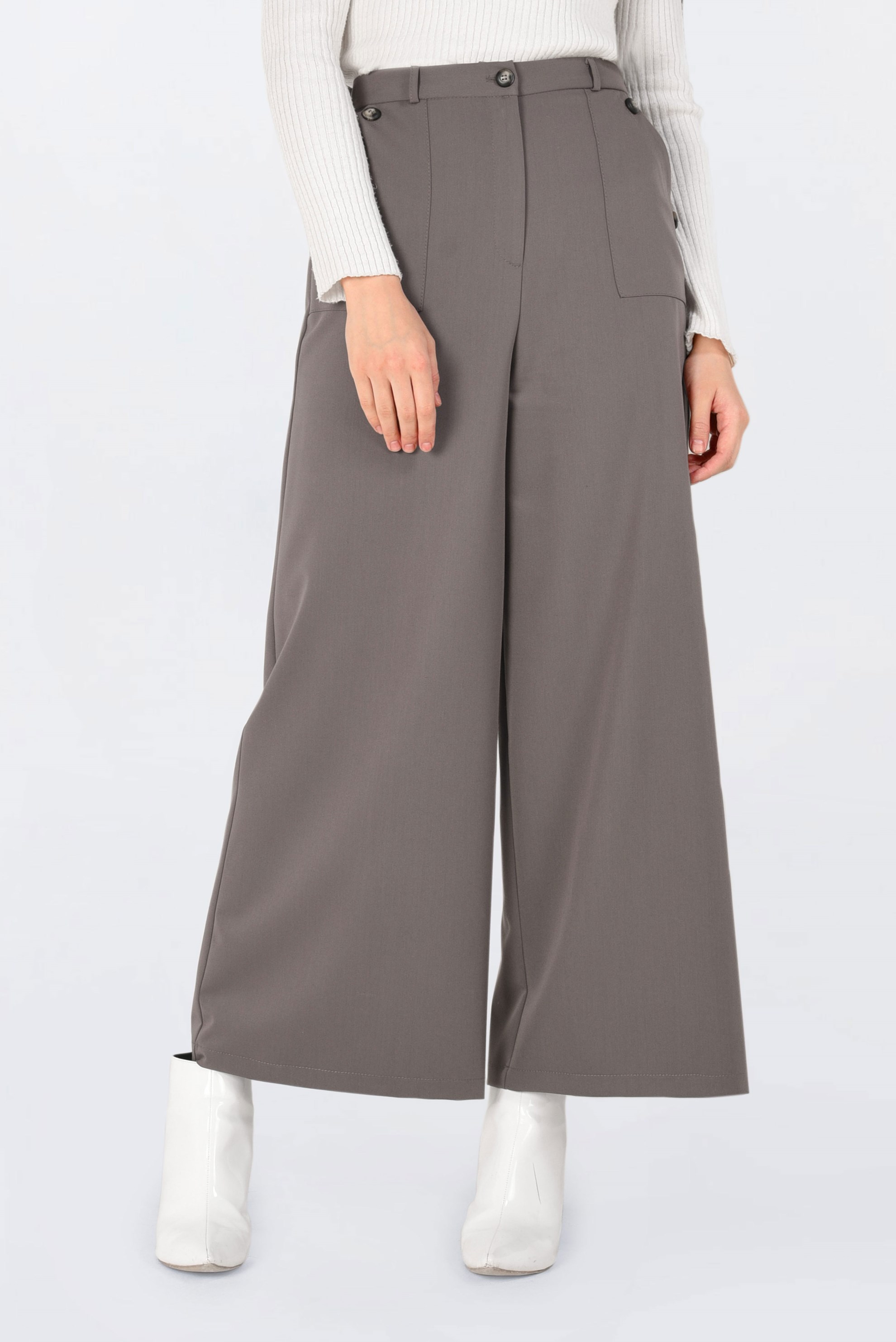 Tesettür giyim VİZON YÜKSEK BEL DÜĞMELİ BOL PAÇA PANTOLON 7438