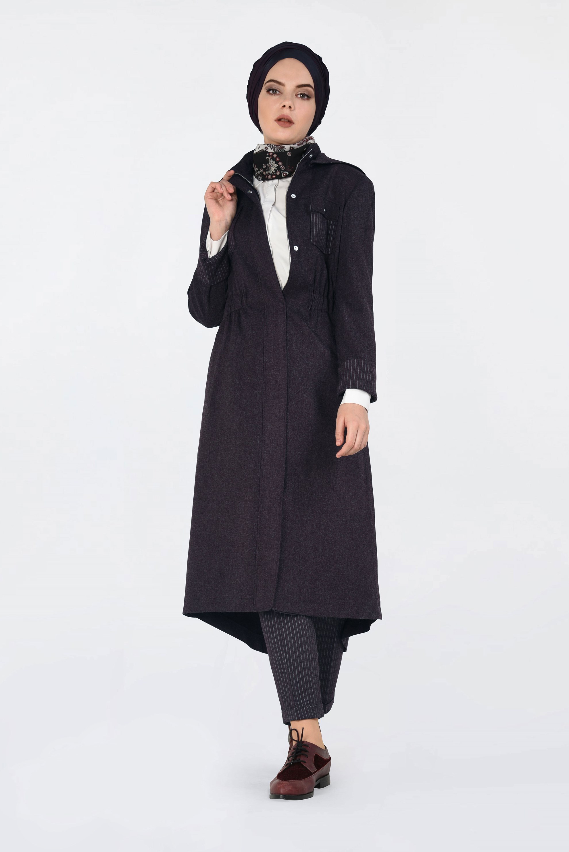 Tesettür giyim MÜRDÜM DİKEY ÇİZGİLİ HAVUÇ PANTOLON 7445 