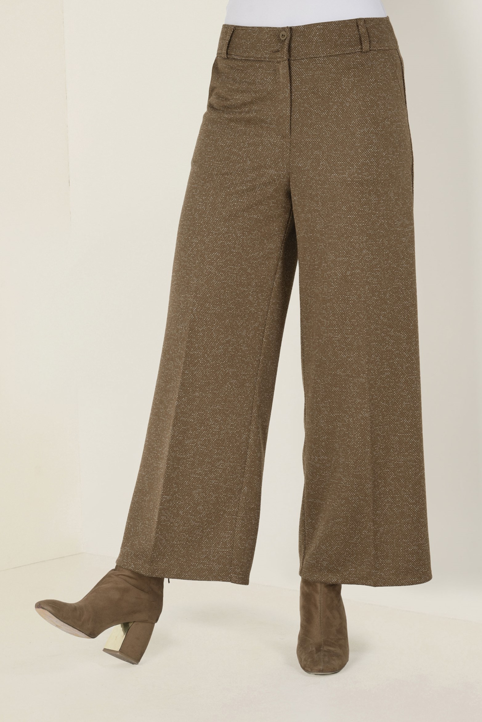 Tesettür giyim KAHVE YÜKSEK BEL BOL KESİM KIRÇILLI PANTOLON 7447 