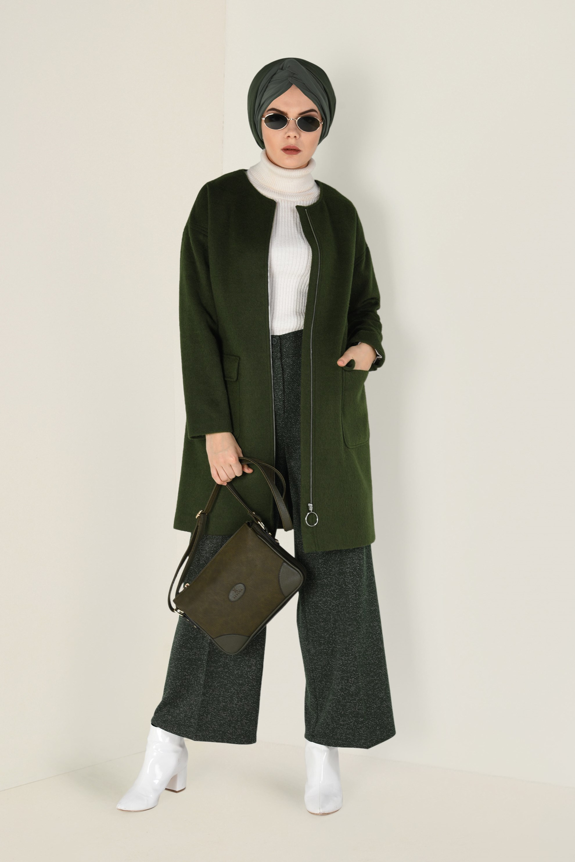 Tesettür giyim HAKİ YÜKSEK BEL BOL KESİM KIRÇILLI PANTOLON 7447 