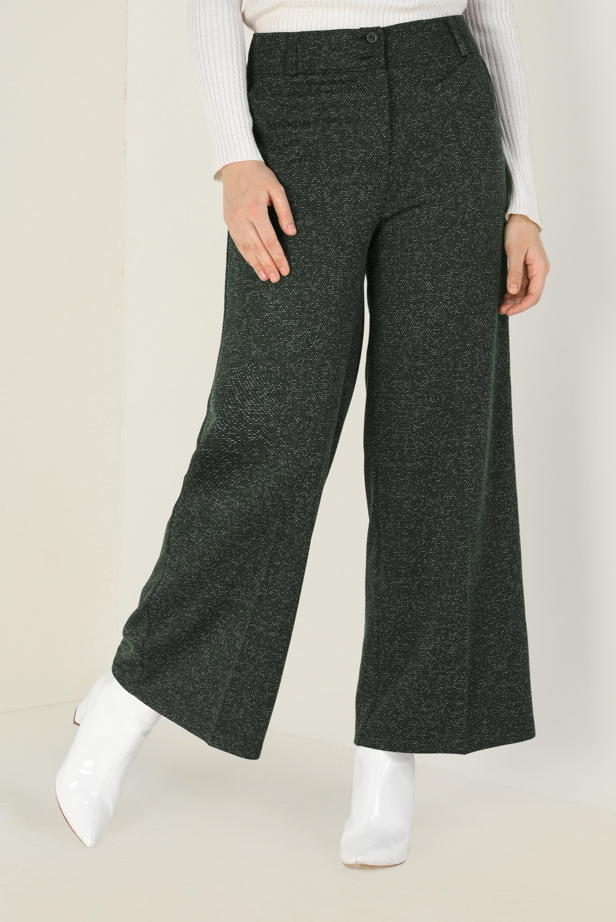 Tesettür giyim HAKİ YÜKSEK BEL BOL KESİM KIRÇILLI PANTOLON 7447 