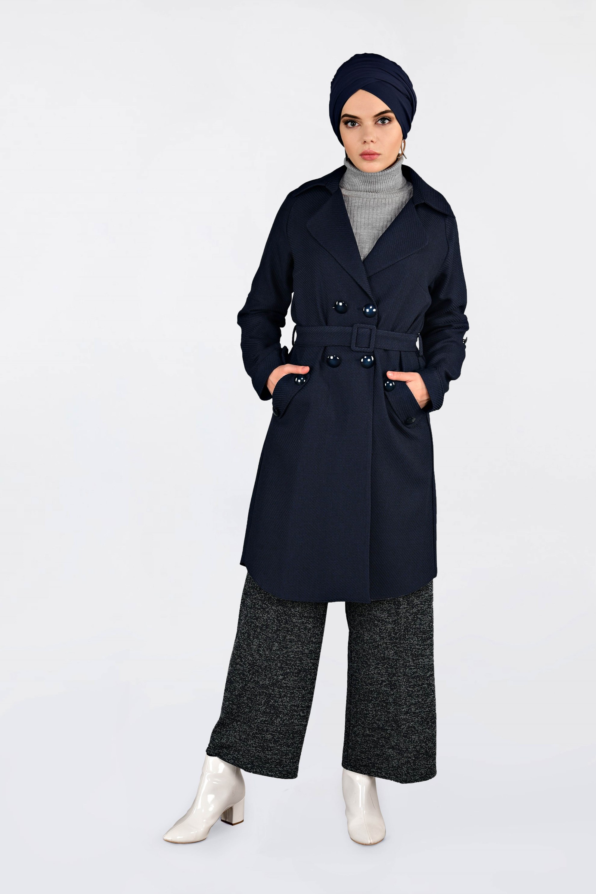 Tesettür giyim LACİVERT YÜKSEK BEL BOL KESİM KIRÇILLI PANTOLON 7447 